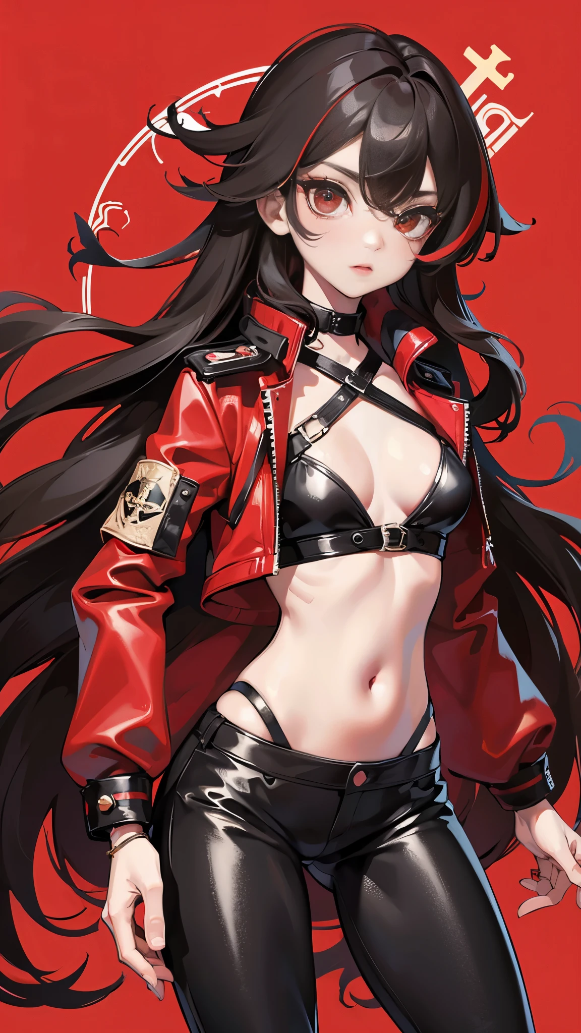 (best quality,4k,high resolution), cool girl、((Long straight hair with red highlights on black hair、red jacket,Beautifully decorated、Navel ejection、cross strap、tight leather pants、))、full body projection、buttons、battle scene、sharp eyes、glare、red eyeliner、long eyelashes、beautiful red eyes、comical depiction、Kawaii illustration、Bustling background、