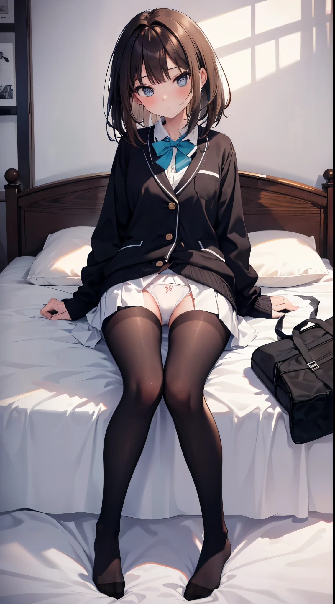 finest, masterpiece, High resolution, (Full body view from head to toe), Composition from slightly below the front, Symmetrical, 18 years old, slim and beautiful girl, alone, (small breasts), (not wearing shoes),Unkempt brown hair, bangs, (black tights), (black pantyhose), (Pose with legs spread on the bed), tied up with both arms hidden behind the back, (Composition showing white panties), (her legs spread、I can see white panties.), blush, shy big eyes, looking at camera, blazer uniform, plaid pleated skirt