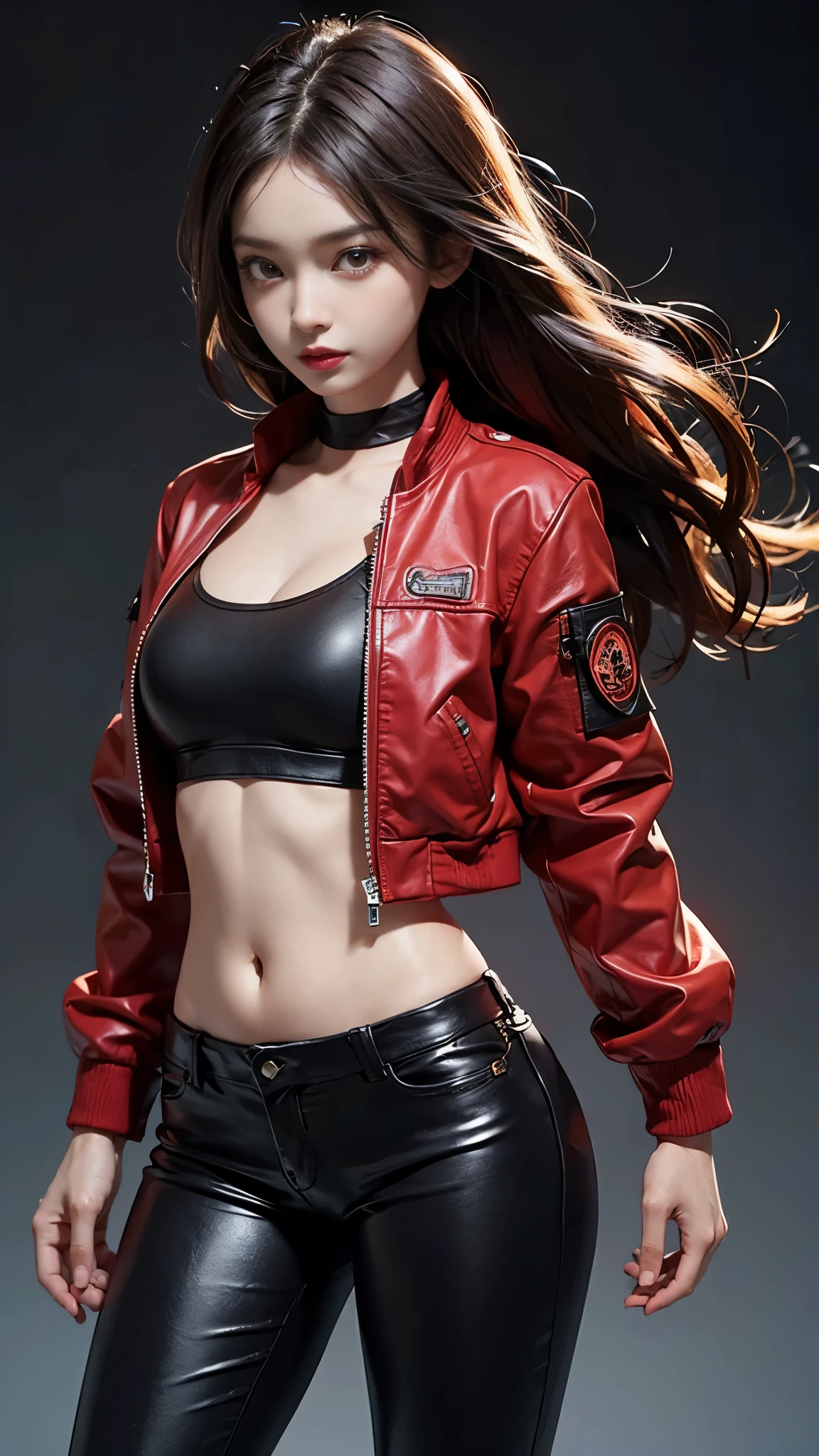 (best quality,4k,high resolution), cool girl、((Long straight hair with red highlights on black hair、red jacket，Beautifully decorated、Navel ejection、cross strap、tight leather pants、))、full body projection、buttons、battle scene、sharp eyes、glare、red eyeliner、long eyelashes、beautiful red eyes、comical depiction、Kawaii illustration、Bustling background、