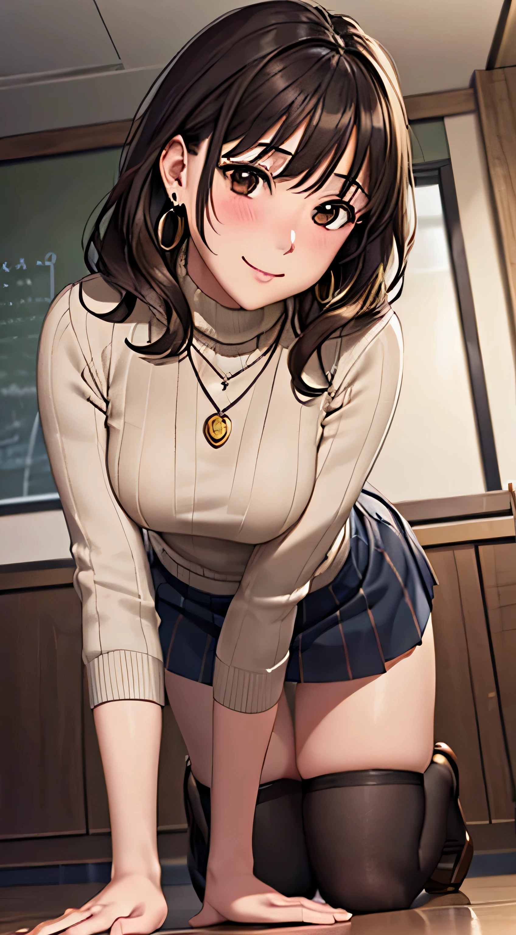 (table top, highest quality, High resolution, , perfect pixel, 4k,), 1 girl, single, alone, Beautiful woman、I could see the whole body、 ((wavy middle hair, bangs, brown hair)), ((brown eyes, beautiful eyelashes, realistic eyes)), ((detailed face, blush:1.2)), ((smooth texture:0.75, realistic texture:0.65, realistic:1.1, Anime CG style)), medium breasts, dynamic angle, perfect body, ((, female teacher, , earrings、necklace、turtleneck sweater、flare skirt、black knee high stockings、open both legs wide、get down on all fours、、shy smile)), upper grade、、、evening、sit at desk、touch your chest with both hands、look back、You can see the white lace panties、(、()、angle from below)、