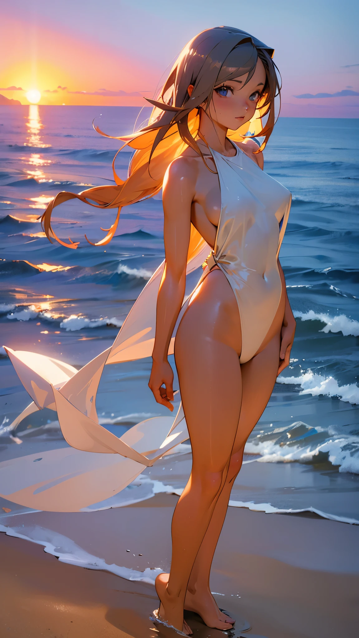 A captivating 3D anime rendition of a flawless female character all naked. Her wet, glistening skin shimmers under the sun, contrasting with her long, flowing hair. The character stands on the beach with her back to the viewer, exhibiting a subtle yet powerful pose. The sunset sky over the sea in the background is a breathtaking blend of warm oranges and purples. The water and sand are rendered with exceptional detail, immersing the viewer in a serene and enchanting coastal paradise., anime, 3d render