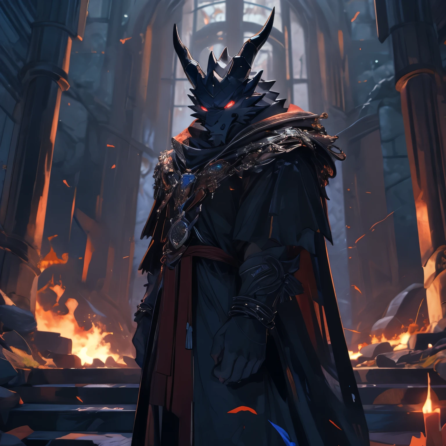 (best quality,ultra-detailed,highres,masterpiece:1.2),dark and menacing atmosphere,ominous and powerful presence,evil and imposing figure,mythical creature,monstrous dragon,ghostly and ethereal,fiery and glowing eyes,intense and fierce expression,commanding and confident posture,demonic aura,ancient and crumbling ruins,mystical and magical background,dramatic lighting,contrast between light and shadow,vivid colors,SFX-inspired style.