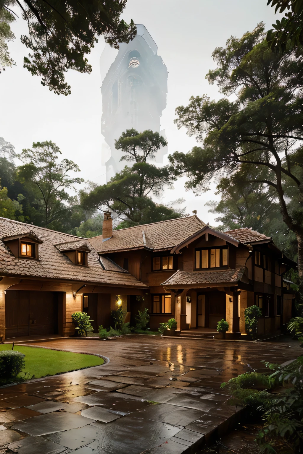 a magnificent old European style wooden house with dim and elegant lights, two chimneys visible above the tiles, several pine trees at the edge of the house and a small rocky road in front of the house, in the middle of a dense tropical forest, heavy rain