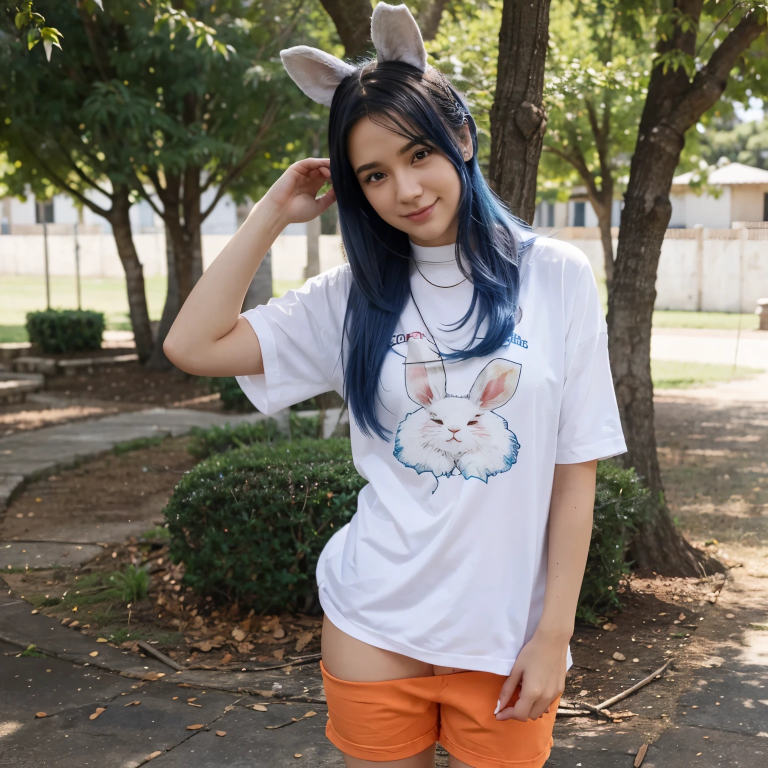 Personagem para anime, um garoto feliz de vinte sete anos com cabelos lisos, (cabelo branco e vermelho), com roupas modernas entre azul, white and red a cord around the neck with a rabbit symbol, She is standing against the background of a tree