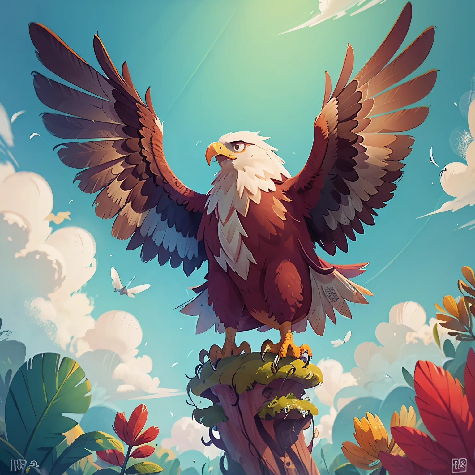 eagle, vibrant colors, flyingup, logo, front view, color background:9f88b6
