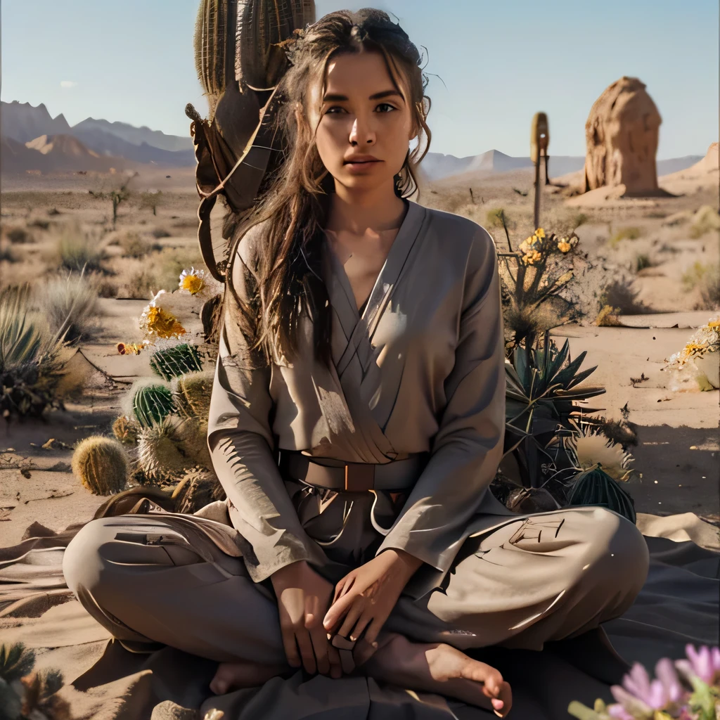 (Jedi meditation:1.3), serene photo,1girl, Jedi master in deep meditation, in jedioutfit, sitting cross-legged, (desert oasis:1.1), surrounded by blooming desert flowers, harmonizing with the Force, spiritual retreat, transcendent tranquility, desert enlightenment, Absurdres, hdr, ultra detailed illustration, extremely detailed face, RAW photo, film grain, skin pores, trending on deviantart