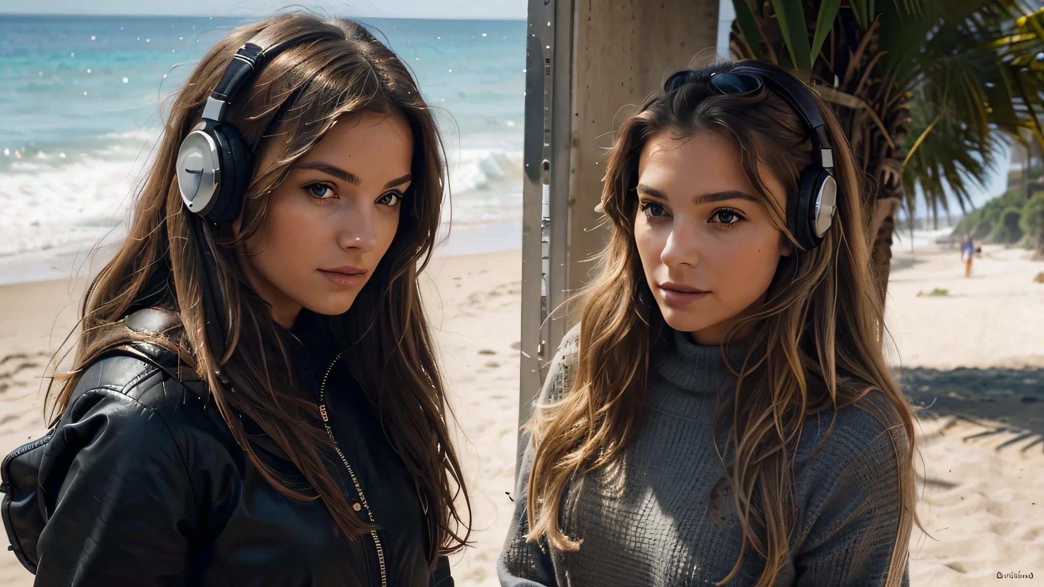 a very beautiful woman, regarde devant elle. Son regard plein de beauté inspire la confiance. Elle a longtemps, corrugated, dark blonde hair with highlights.. Elle porte un casque audio sur les oreilles car elle adore la musique. Elle marche le long de la plage.