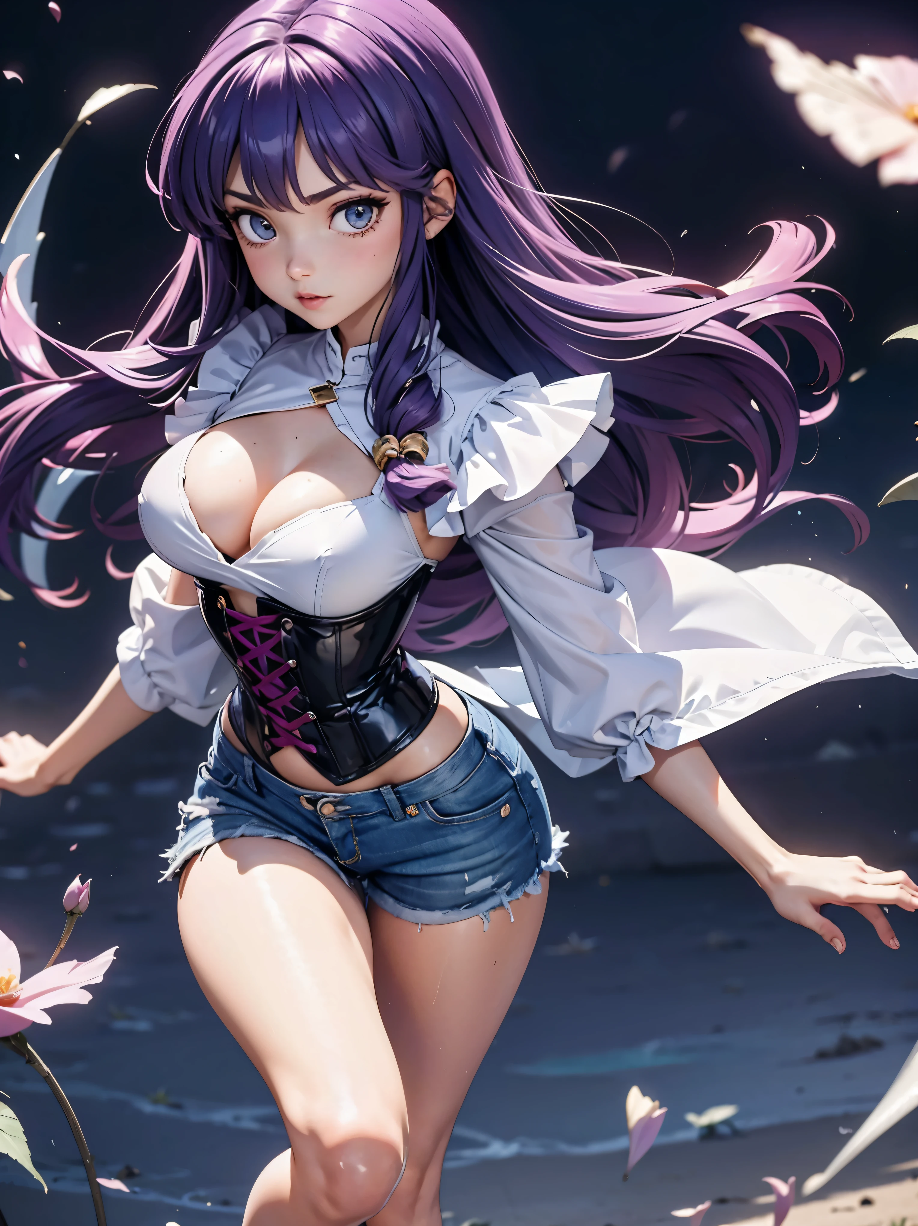 Garota anime cabelo purple com short jeans e corset rosa brilhante, , corpo bonito, seios grandes, com as hands on chest, hands on chest, Garota sexy, purple cabelo, mechas de cabelo laterais, mechas de cabelo na lateral do rosto, beautiful lighting, sombras suaves, olhos azuis, pernas bonitas, cabelo longo purple, estilo anime, personagem Shampoo Chan, Autora Rumiko Takahashi, Baseado em obra de Rumiko Takahashi, Anime Ranma 1/ 2, decote sexy, quadril robusto, corpo inteiro, corpo inteiro, busto grande, garota jovem com corpo belo e bonito, sandals on his feet, garota 16 anos usando short jeans e corset rosa brilhante, garota anime, estilo anime, beautiful feet in sandals, 45° viewing angle, ao ar livre, peito grande, seios bonitos, cabelo purple, sandals on the feet, pernas bonitas, cabelo purple roxo, belos seio, grande , busto grande