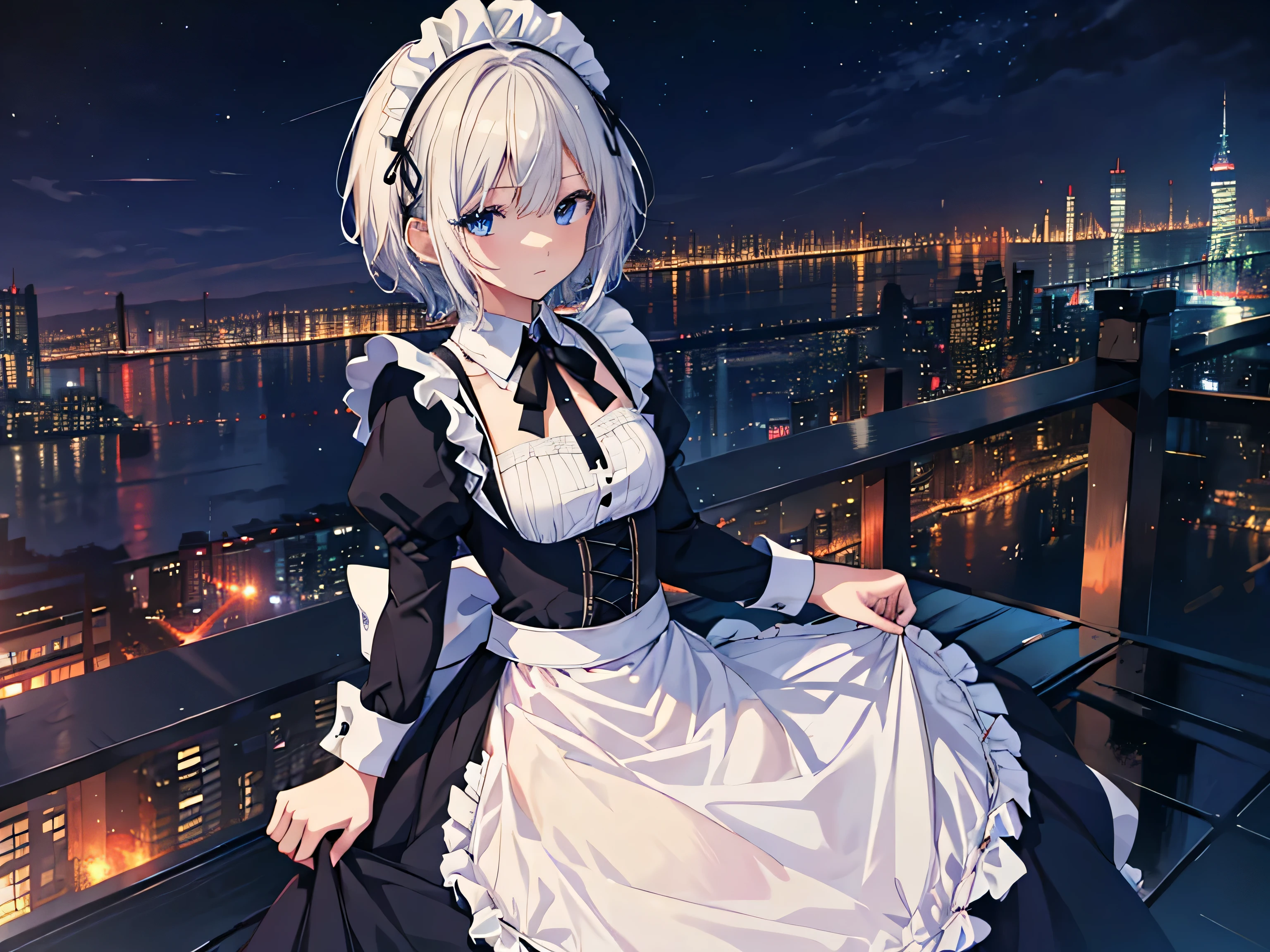 {{{{{A maid looking at the night view from the top of a high tower}}}}}, high quality background, Highly detailed game background CG, 2D, god{{{{{anime style face}}}}}, One maid, Long contour, masterpiece, highest quality, 32K, hyper detail, exquisite blue eyes, No expression, Maid clothes, White short hair details, {{{blue archive}}}, Medium chest, cityscape, ultra high resolution,most detailed,Complex,8k,HDR, starry sky,