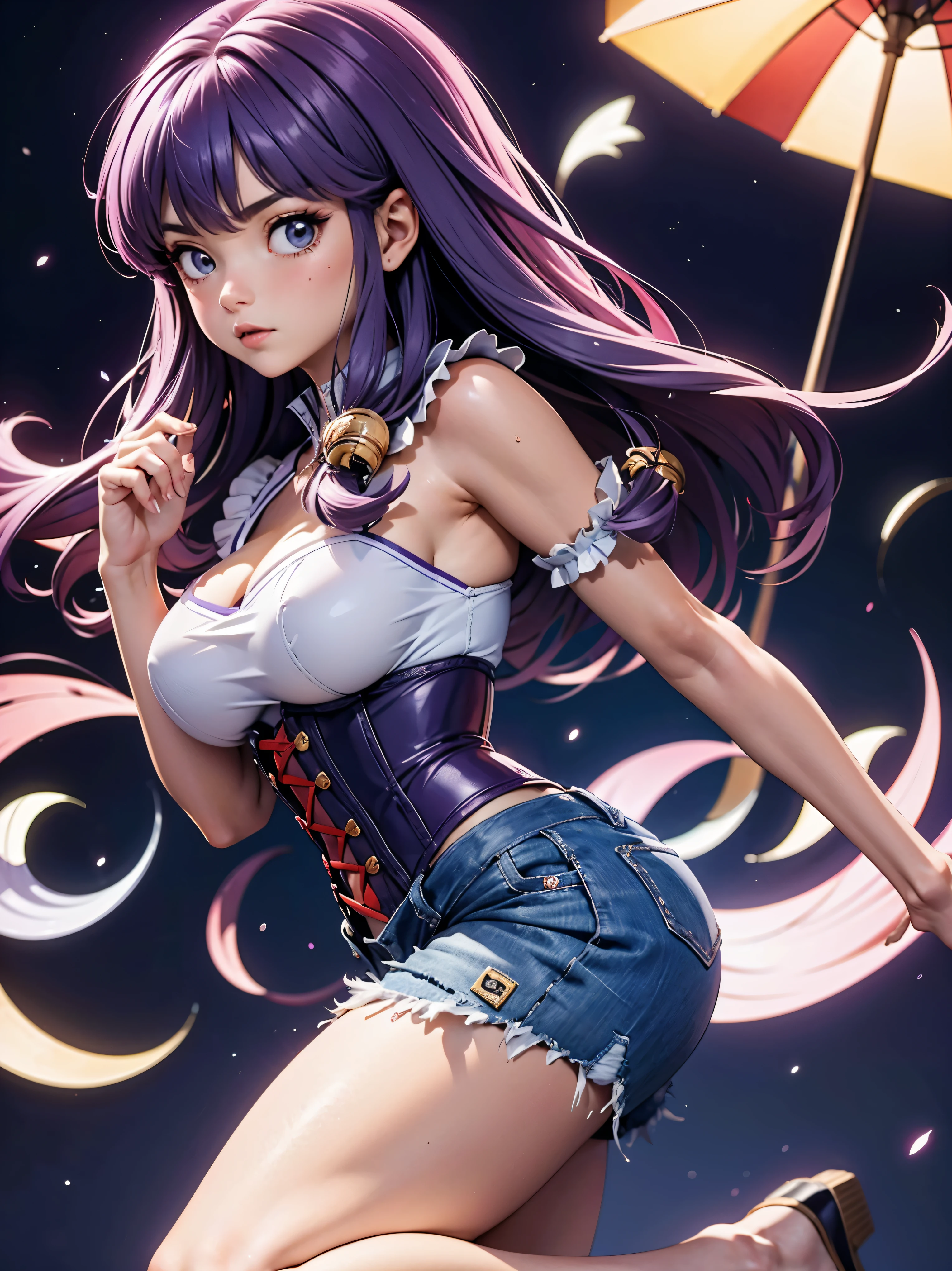 Garota anime cabelo purple com short jeans e corset rosa brilhante, , corpo bonito, seios grandes, com as hands on chest, hands on chest, Garota sexy, purple cabelo, mechas de cabelo laterais, mechas de cabelo na lateral do rosto, beautiful lighting, sombras suaves, olhos azuis, pernas bonitas, cabelo longo purple, estilo anime, personagem Shampoo Chan, Autora Rumiko Takahashi, Baseado em obra de Rumiko Takahashi, Anime Ranma 1/ 2, decote sexy, quadril robusto, corpo inteiro, corpo inteiro, busto grande, garota jovem com corpo belo e bonito, sandals on his feet, garota 16 anos usando short jeans e corset rosa brilhante, garota anime, estilo anime, beautiful feet in sandals, 45° viewing angle, ao ar livre, peito grande, seios bonitos, cabelo purple, sandals on the feet, pernas bonitas, cabelo purple roxo, belos seio, grande , busto grande