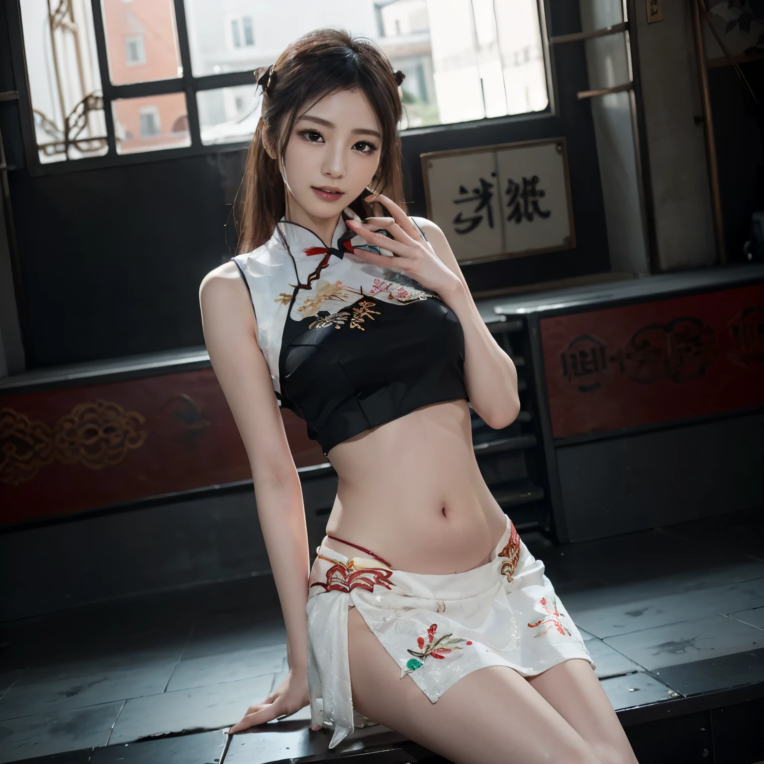 (highest quality, 8K, masterpiece), 1 girl, beautiful girl, cheongsam clothes, Facing, Fist technique, With two people, finding, 23 years old, young girl, japanese women, random hairstyle, random hair color, Random Posing, Large slit, garter belt, Braid, Twintail, ponytail,