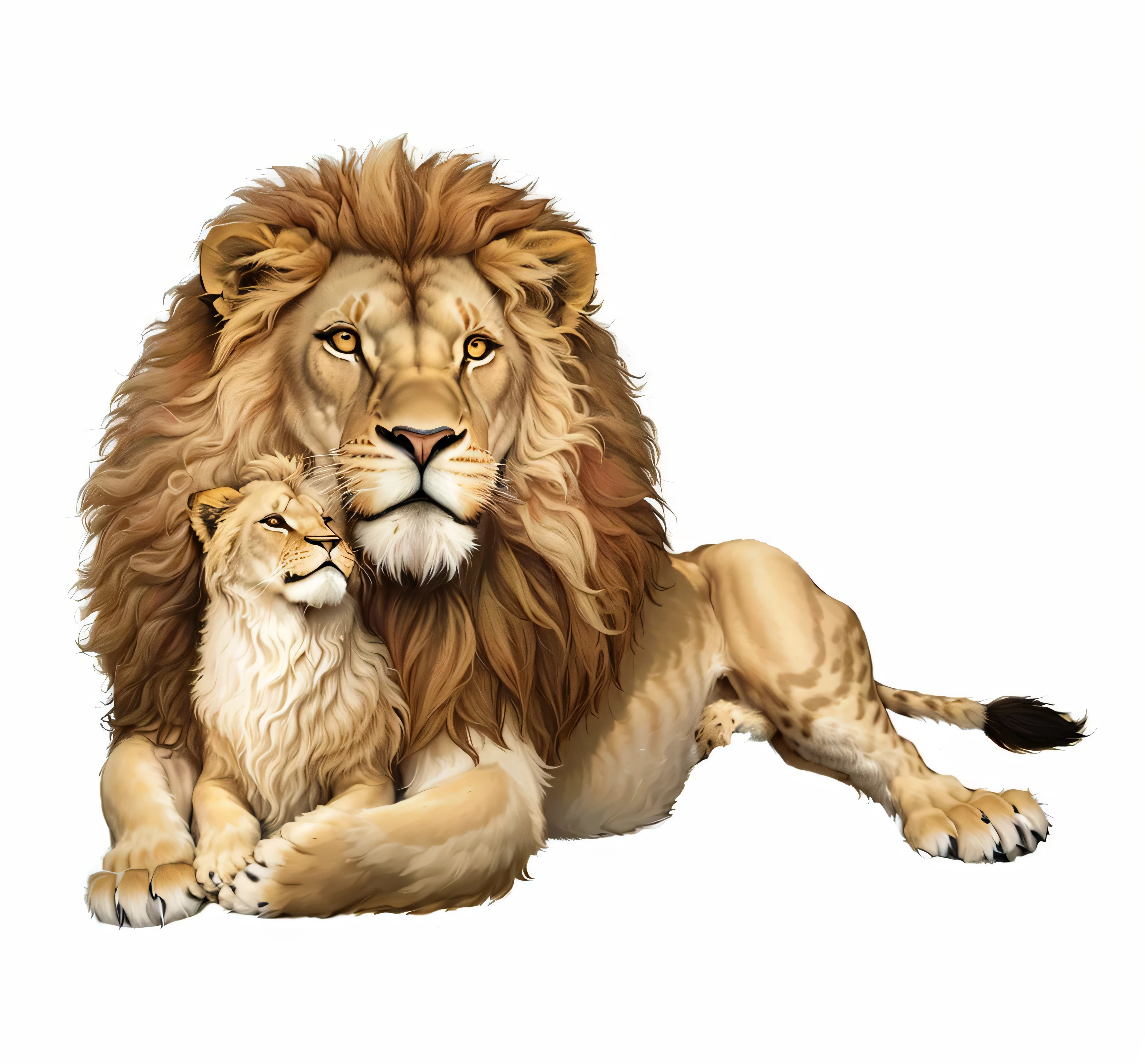 there is a drawing of a lion and a baby lion, lions, lion, majesty, cute lion, 2 d full body lion, Extremely true, lion body, amazing art, proud looking, aslan the lion, king of the jungle, wildlife illustrations, lion icon, trend ,, proud look, very Very realistic, king, Very realistic, lion head, animal wildlife