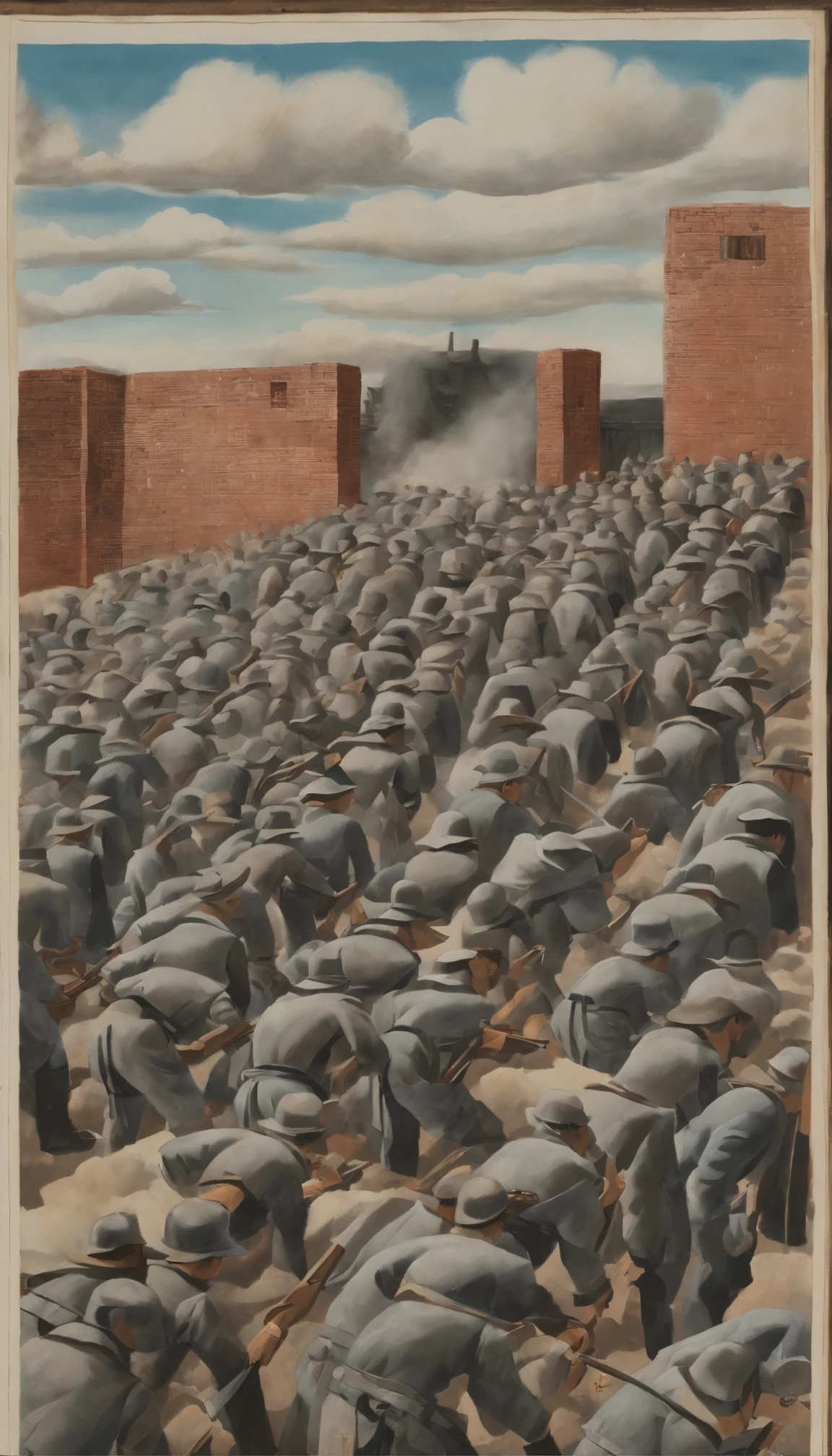 A firing squad scene in a Spanish prison in the 1930s. Six dark gray rifle barrels point at the reader from the bottom right corner of the image, forming a 45-degree angle with the bottom edge. The rifles are from the Spanish Republic and Civil War era, and some details such as the straps, bayonets and stocks are visible. The background is a prison yard with high red brick walls, some with bullet marks. The sky is light blue, with some white clouds. There are no characters in the scene. The title of the image is “FUSILADOS”, in a pulp style design, with large white and black letters that occupy the top of the image. hyperrealistic image 24k)