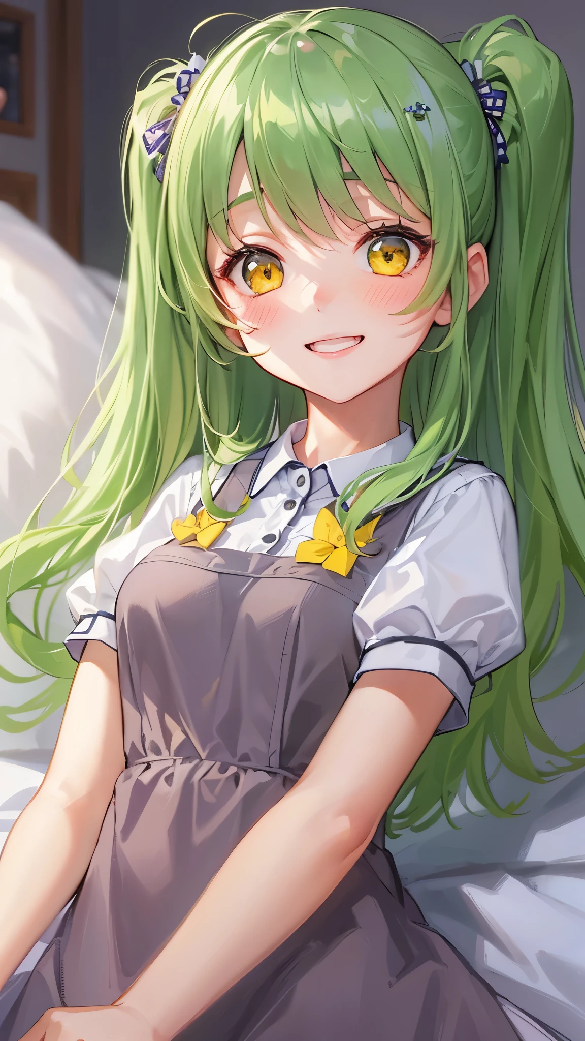 in the bedroom night time, (low-angle) (a ponytail green hair long hair cute girl, , cute yellow eyes, smile), in a maid pajamas, perfect anatomy, masterpiece:1.3, best quality, 8k, beautiful detailed grow, daydreaming expression.