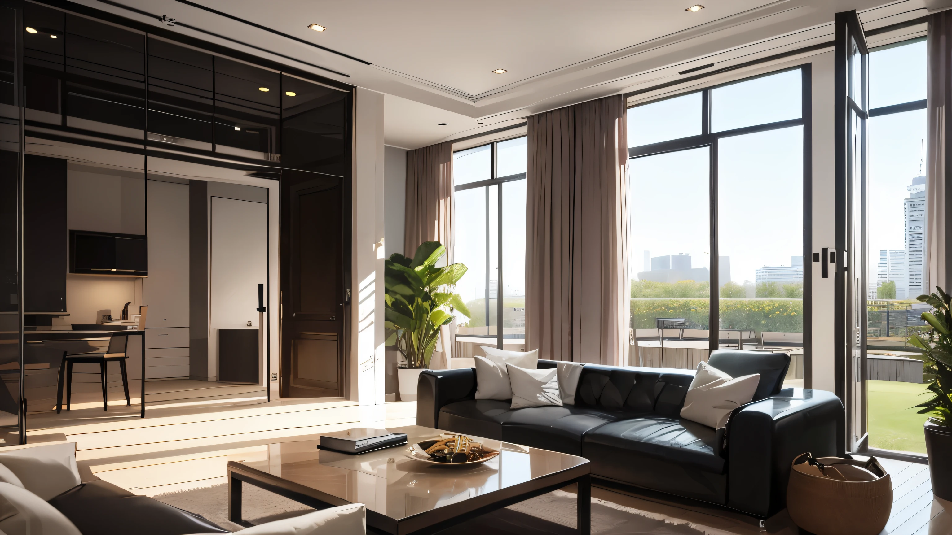 you are a famous interior designer、I was asked to create a 3D image of a large modern room.。. Create a harmonious environment with modern and minimalist furniture. Including garden interior.