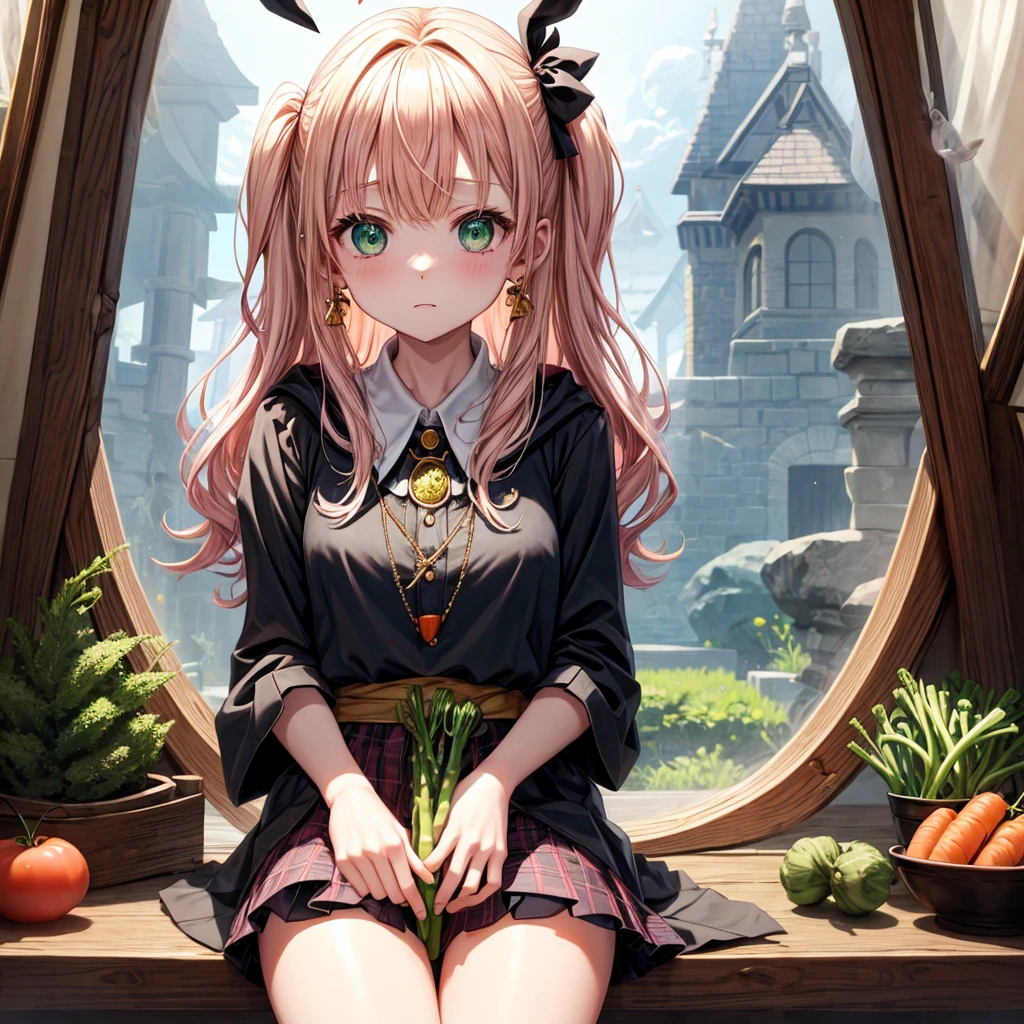 pink blonde、green eyes、one good looking girl、solo、anime、plaid mini skirt、the skirt has buttons、black camisole、black t-shirt、dress、wearing a ribbon、ribbon at waist、cloak、hood、clouds are swirling、stone slabs are piled up、one hand raised、crystal earrings、vegetable garden、monster castle、ceiling、golden key、jewelry necklace、Light and shadow、window、Hundreds of Ghosts at Night、lantern、sitting、legs crossed、mirror、Carrot、asparagus、tomato、tunnel
