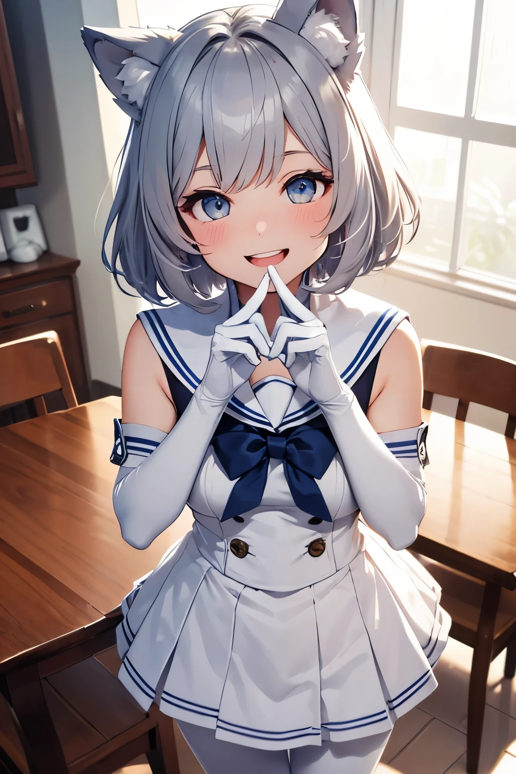 table top　High level image quality　best image quality　8k　 adult woman　portrait　white long gloves（elbow gloves）　white pantyhose　sailor suit（Sleeveless mini skirt　white wolf ears　short hair（（shortcut）（gray hair）（perm）（fluffy））　eye color is blue　attractive face（（laughter）（smile）（open your mouth））　beautiful feet　Are standing
