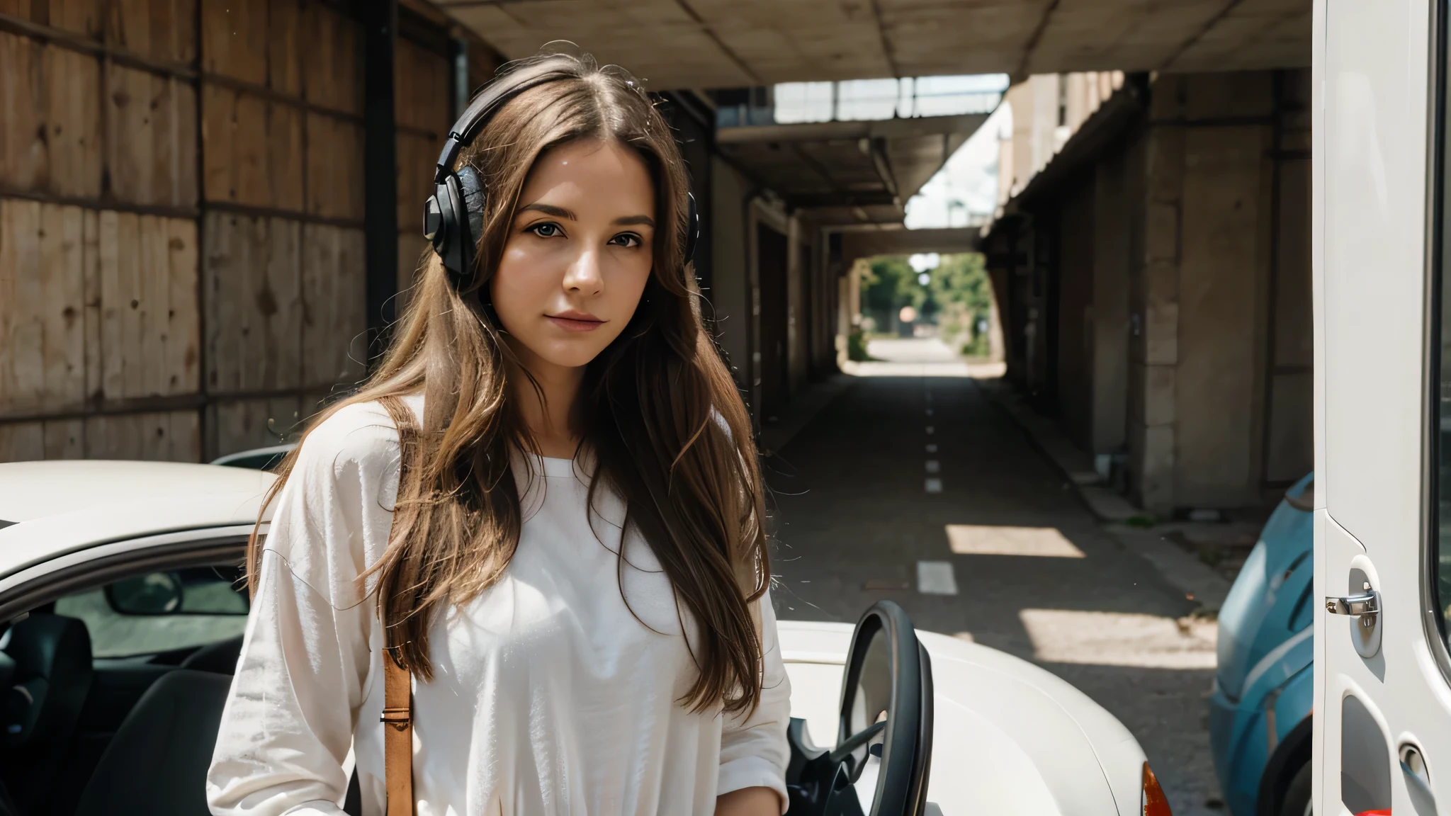 a very beautiful woman, regarde devant elle. Son regard plein de beauté inspire la confiance. Elle a longtemps, corrugated, dark blonde hair with highlights.. Elle porte un casque audio sur les oreilles car elle adore la musique.