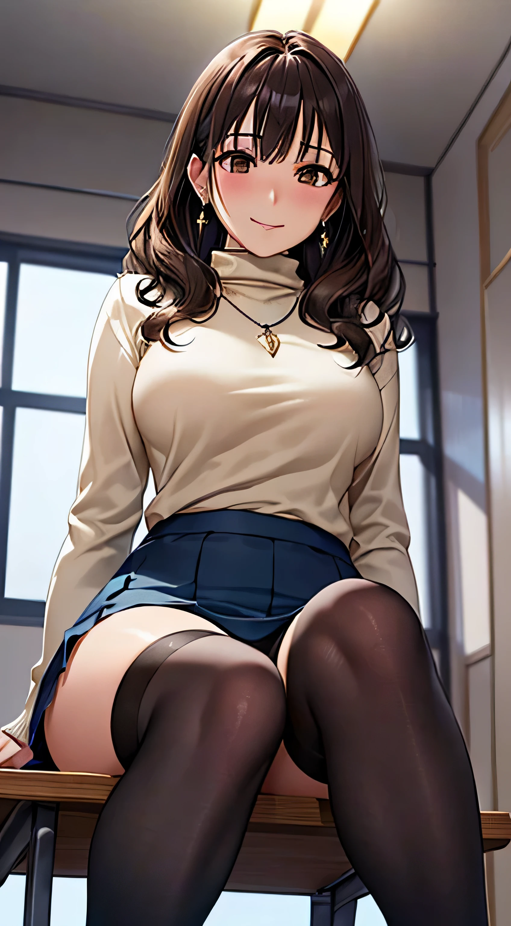 (table top, highest quality, High resolution, , perfect pixel, 4k,), 1 girl, single, alone, Beautiful woman、I could see the whole body、 ((wavy middle hair, bangs, brown hair)), ((brown eyes, beautiful eyelashes, realistic eyes)), ((detailed face, blush:1.2)), ((smooth texture:0.75, realistic texture:0.65, realistic:1.1, Anime CG style)), medium breasts, dynamic angle, perfect body, ((, female teacher, , earrings、necklace、turtleneck sweater、Dark blue flared skirt、black knee high stockings、open both legs wide、、shy smile))、 upper grade、、、evening、sit at desk、touch your chest with both hands、(、I can see your pants、angle from below)、