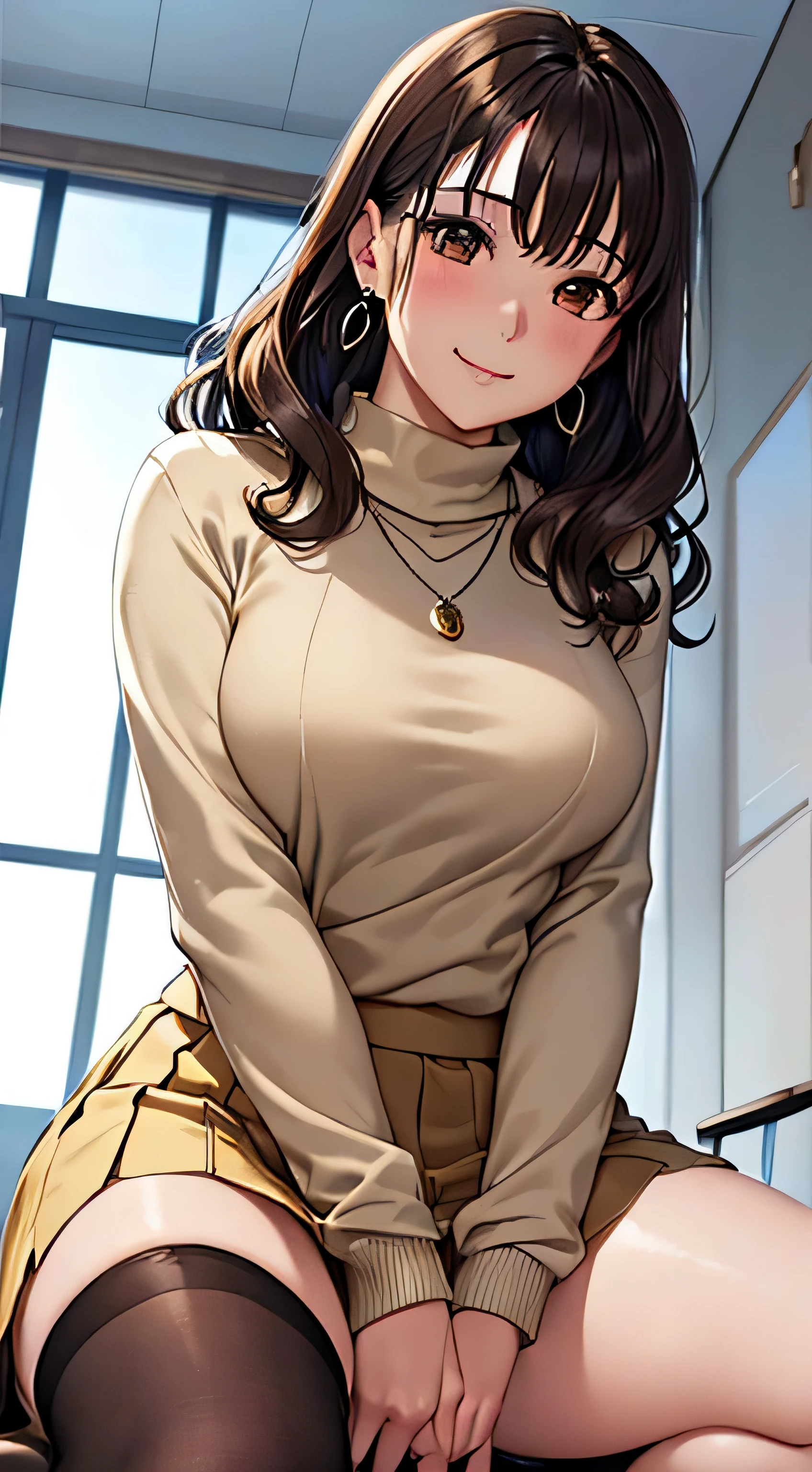 (table top, highest quality, High resolution, , perfect pixel, 4k,), 1 girl, single, alone, Beautiful woman、I could see the whole body、 ((wavy middle hair, bangs, brown hair)), ((brown eyes, beautiful eyelashes, realistic eyes)), ((detailed face, blush:1.2)), ((smooth texture:0.75, realistic texture:0.65, realistic:1.1, Anime CG style)), medium breasts, dynamic angle, perfect body, ((, female teacher, , earrings、necklace、white turtleneck sweater、beige flared skirt、black knee high stockings、open both legs wide、get down on one knee、shy smile)), upper grade、、、evening、sit at desk、Bring your arms together to emphasize your chest、(、()、angle from below)、