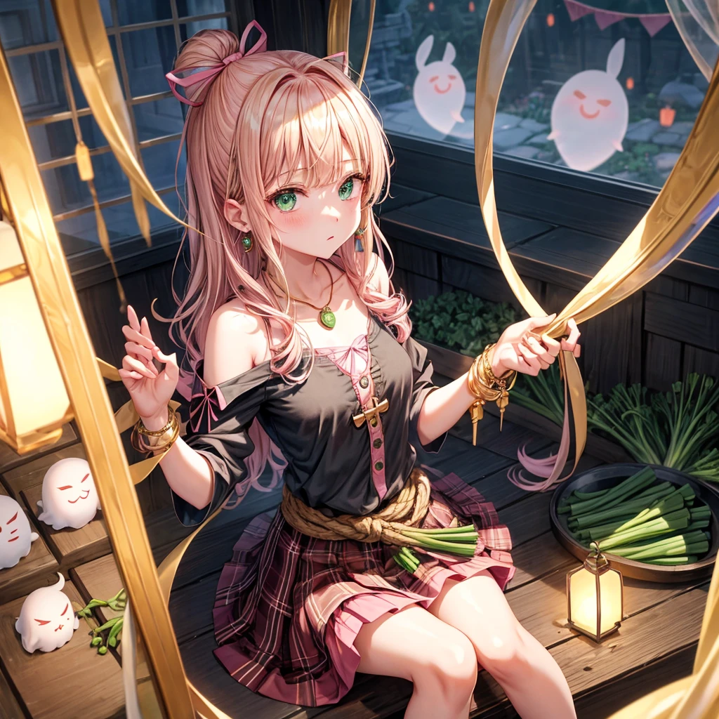 pink blonde、green eyes、one good looking girl、solo、anime、plaid mini skirt、the skirt has buttons、black camisole、black t-shirt、dress、wearing a ribbon、ribbon at waist、cloak、hood、clouds are swirling、stone slabs are piled up、one hand raised、crystal earrings、vegetable garden、monster castle、ceiling、golden key、jewelry necklace、Light and shadow、window、Hundreds of Ghosts at Night、lantern、sitting、legs crossed、mirror、Carrot、asparagus、tomato、green pepper、tunnel