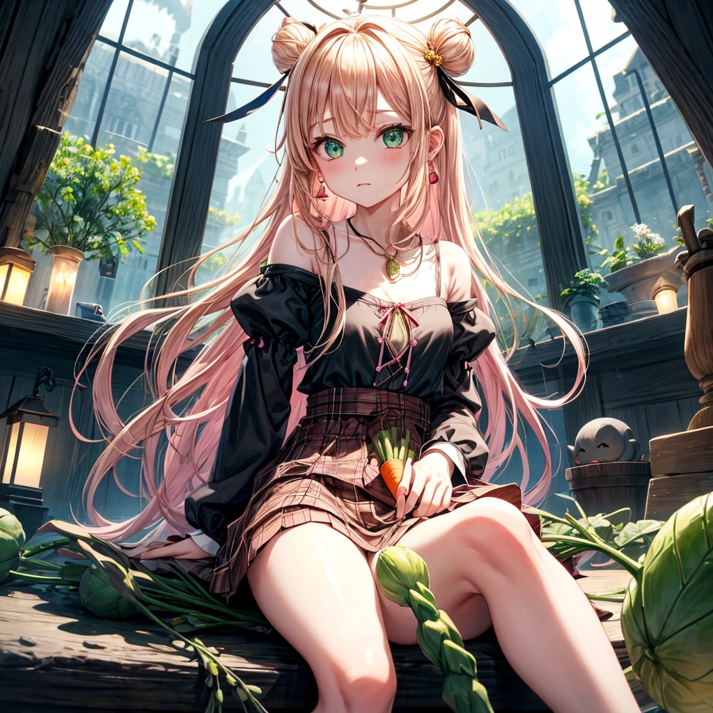 pink blonde、green eyes、one good looking girl、solo、anime、plaid mini skirt、the skirt has buttons、black camisole、black t-shirt、dress、wearing a ribbon、ribbon at waist、cloak、hood、clouds are swirling、stone slabs are piled up、one hand raised、crystal earrings、vegetable garden、monster castle、ceiling、golden key、jewelry necklace、Light and shadow、window、Hundreds of Ghosts at Night、lantern、sitting、legs crossed、mirror、Carrot、asparagus、tomato、green pepper、tunnel