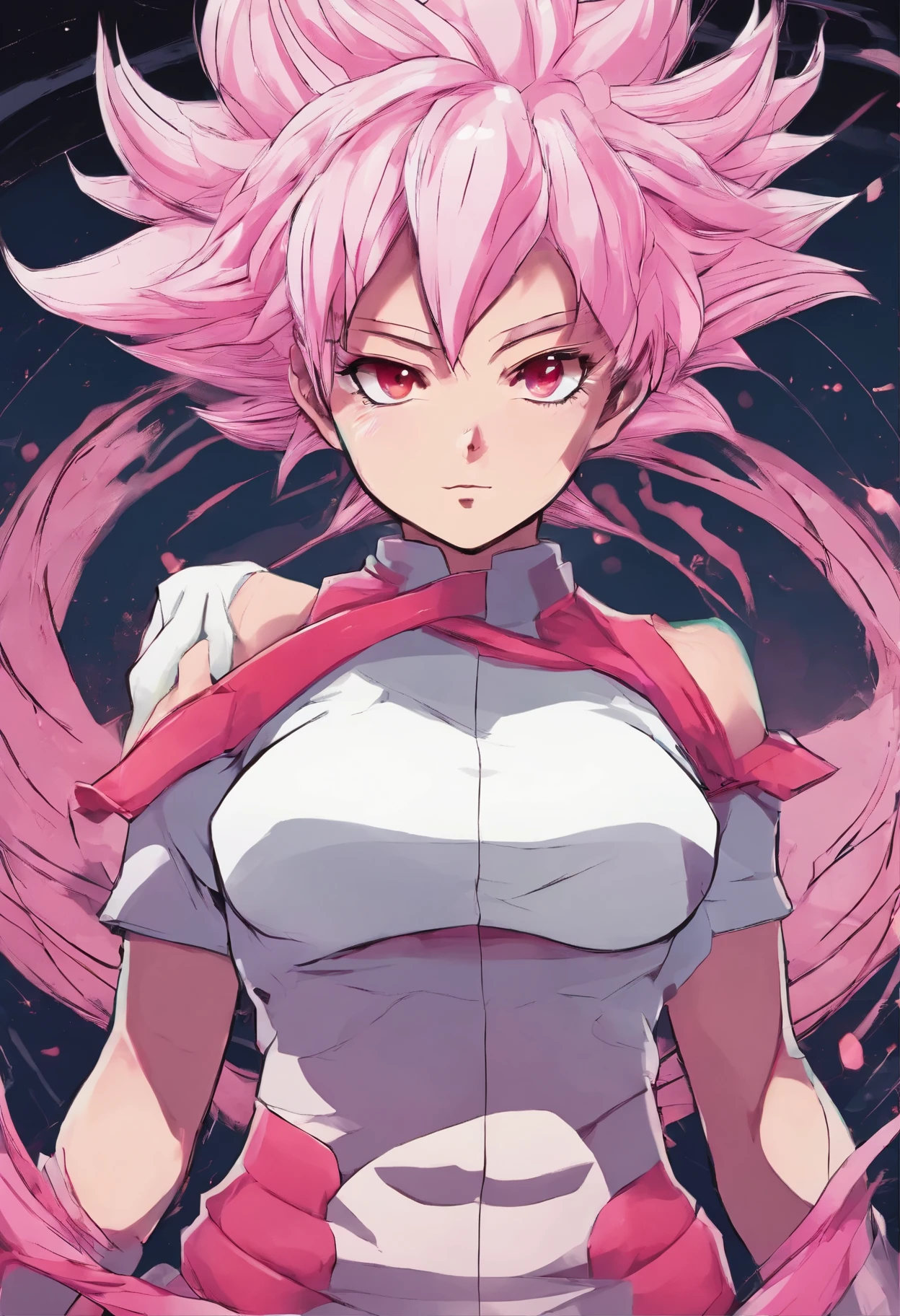 Female saiyan with short white hair, pink skin, dark sclera and red pupils