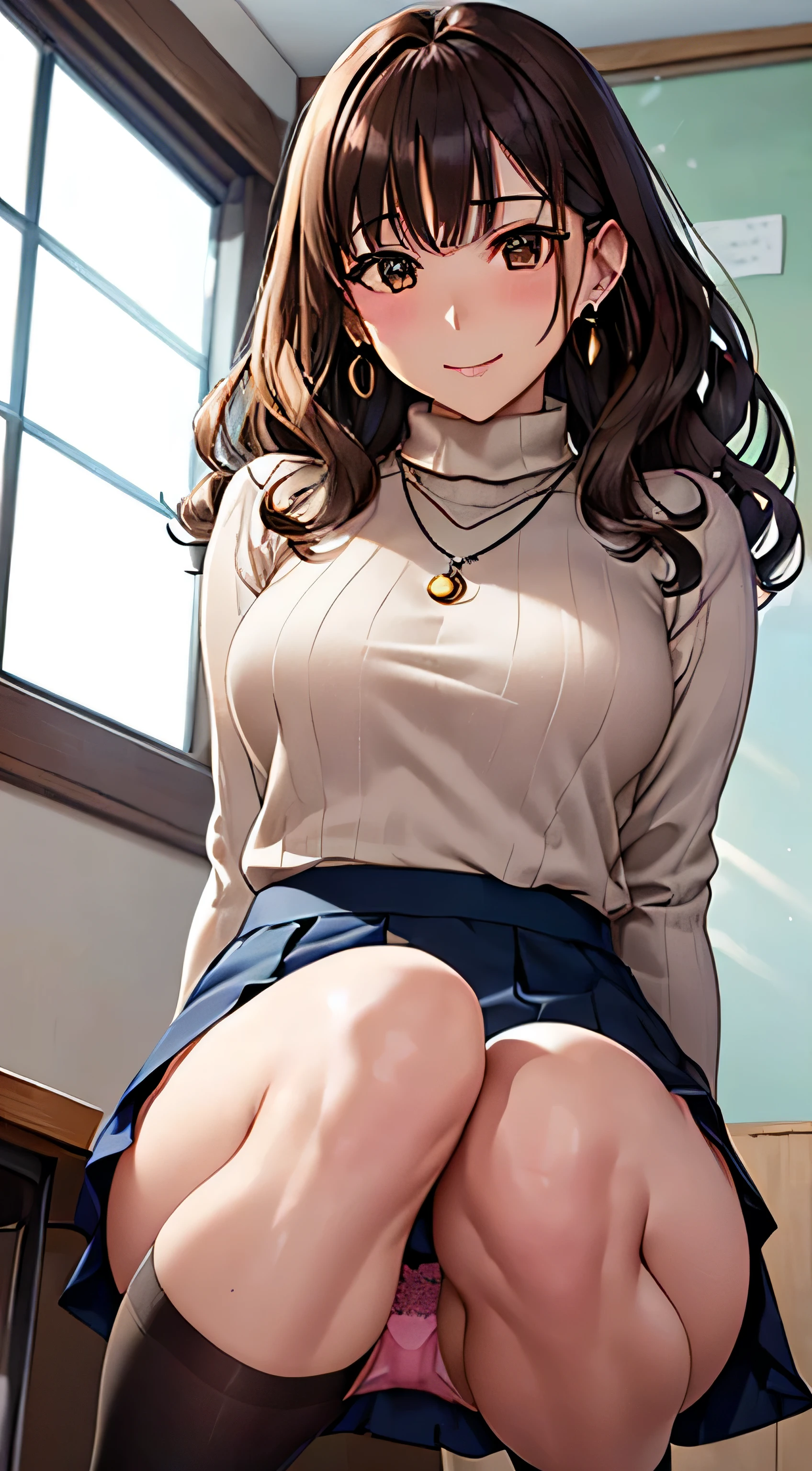 (table top, highest quality, High resolution, , perfect pixel, 4k,), 1 girl, single, alone, Beautiful woman、I could see the whole body、 ((wavy middle hair, bangs, brown hair)), ((brown eyes, beautiful eyelashes, realistic eyes)), ((detailed face, blush:1.2)), ((smooth texture:0.75, realistic texture:0.65, realistic:1.1, Anime CG style)), medium breasts, dynamic angle, perfect body, ((, female teacher, , earrings、necklace、white turtleneck sweater、Dark blue flared skirt、black knee high stockings、open both legs wide、get down on one knee、shy smile)), upper grade、、、evening、sit at desk、Bring your arms together to emphasize your chest、(、show me your pink lace panties、angle from below)、