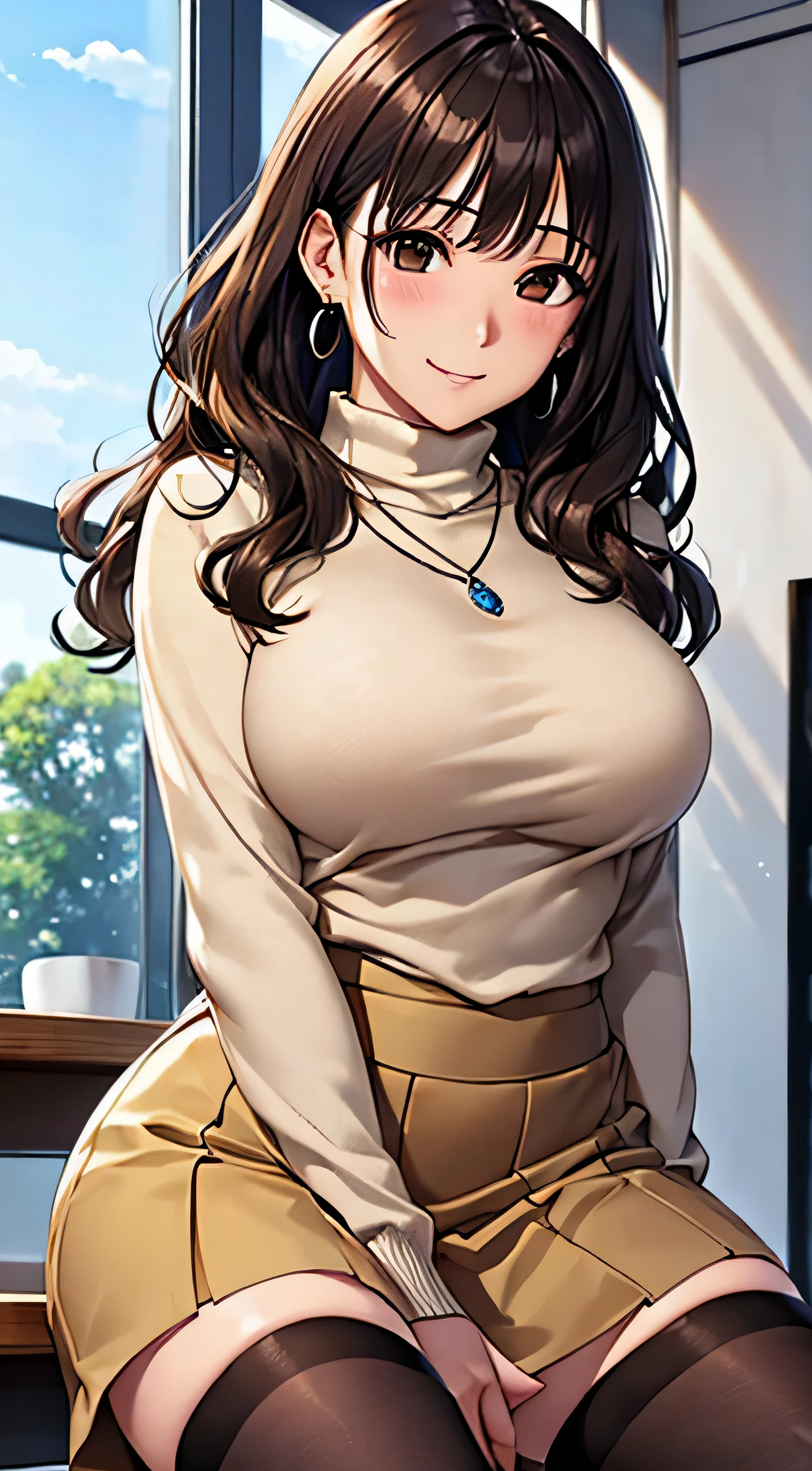 (table top, highest quality, High resolution, , perfect pixel, 4k,), 1 girl, single, alone, Beautiful woman、I could see the whole body、 ((wavy middle hair, bangs, brown hair)), ((brown eyes, beautiful eyelashes, realistic eyes)), ((detailed face, blush:1.2)), ((smooth texture:0.75, realistic texture:0.65, realistic:1.1, Anime CG style)), medium breasts, dynamic angle, perfect body, ((, female teacher, , earrings、necklace、turtleneck sweater、Dark blue flared skirt、black knee high stockings、、、shy smile)), upper grade、、、evening、、Bring your arms together to emphasize your chest、leaning forward、(、showing white lace panties、angle from below)、