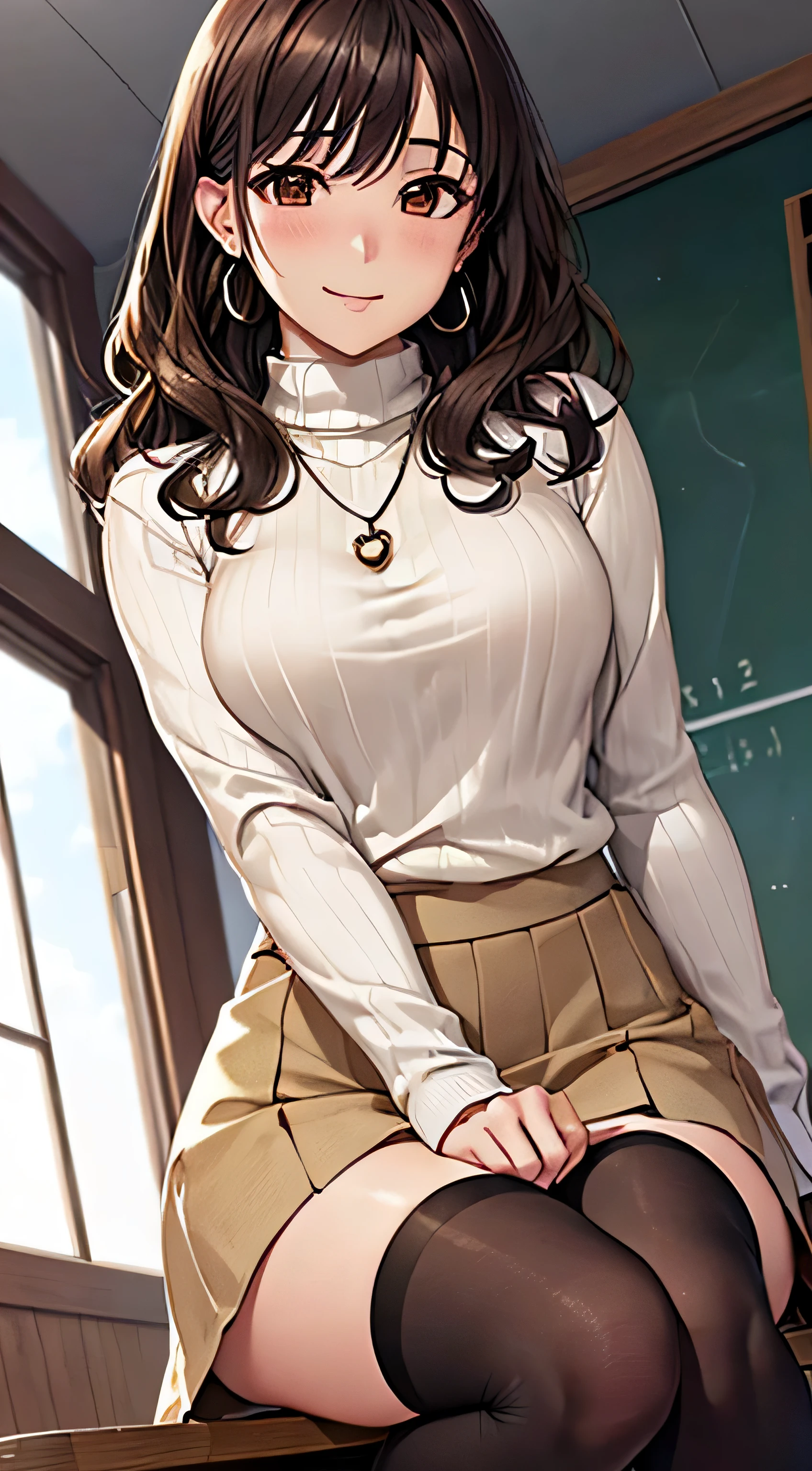 (table top, highest quality, High resolution, , perfect pixel, 4k,), 1 girl, single, alone, Beautiful woman、I could see the whole body、 ((wavy middle hair, bangs, brown hair)), ((brown eyes, beautiful eyelashes, realistic eyes)), ((detailed face, blush:1.2)), ((smooth texture:0.75, realistic texture:0.65, realistic:1.1, Anime CG style)), medium breasts, dynamic angle, perfect body, ((, female teacher, , earrings、necklace、white turtleneck sweater、beige flared skirt、black knee high stockings、open both legs wide、get down on one knee、shy smile)), upper grade、、、evening、sit at desk、Emphasize the chest with both hands、(、()、angle from below)、