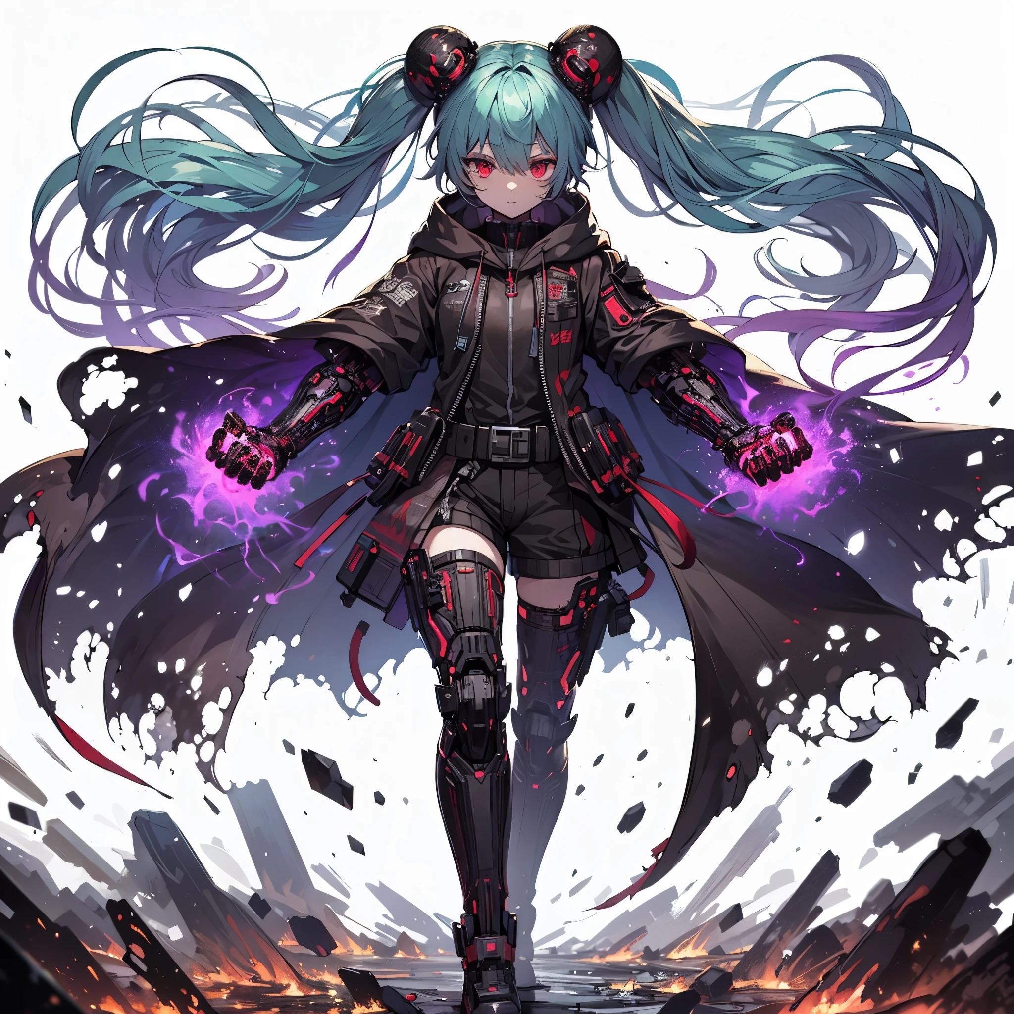 (masterpiece, Best Quality), (Perfect athlete body:1.2), (detailed hairs), Ultra-detailed, Anime style, Full body, cyberpunk Egged runner girl, burnt black mechanical limb, ((fists of black-purple flame)), Sea green two topknot hairstyle with red eyes, wearing raged cape and cyberpunk outfit. standing in burned earth, 8k high resolution, white background, whole-body, full-length view,