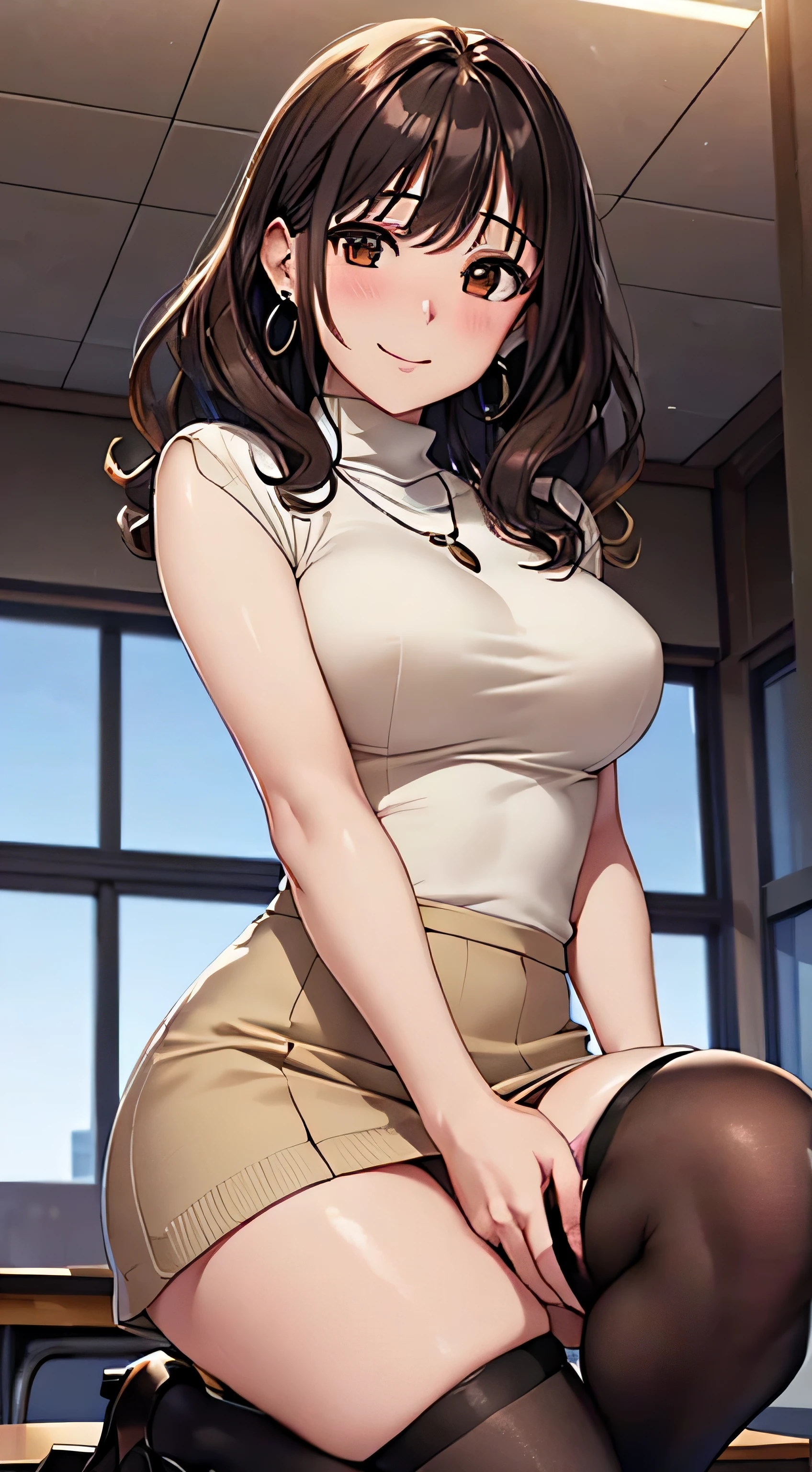 (table top, highest quality, High resolution, , perfect pixel, 4k,), 1 girl, single, alone, Beautiful woman、I could see the whole body、 ((wavy middle hair, bangs, brown hair)), ((brown eyes, beautiful eyelashes, realistic eyes)), ((detailed face, blush:1.2)), ((smooth texture:0.75, realistic texture:0.65, realistic:1.1, Anime CG style)), medium breasts, dynamic angle, perfect body, ((, female teacher, , earrings、necklace、white turtleneck sweater、beige flared skirt、black knee high stockings、open both legs wide、get down on one knee、shy smile)), upper grade、、、evening、sit at desk、Bring your arms together to emphasize your chest、(、()、angle from below)、