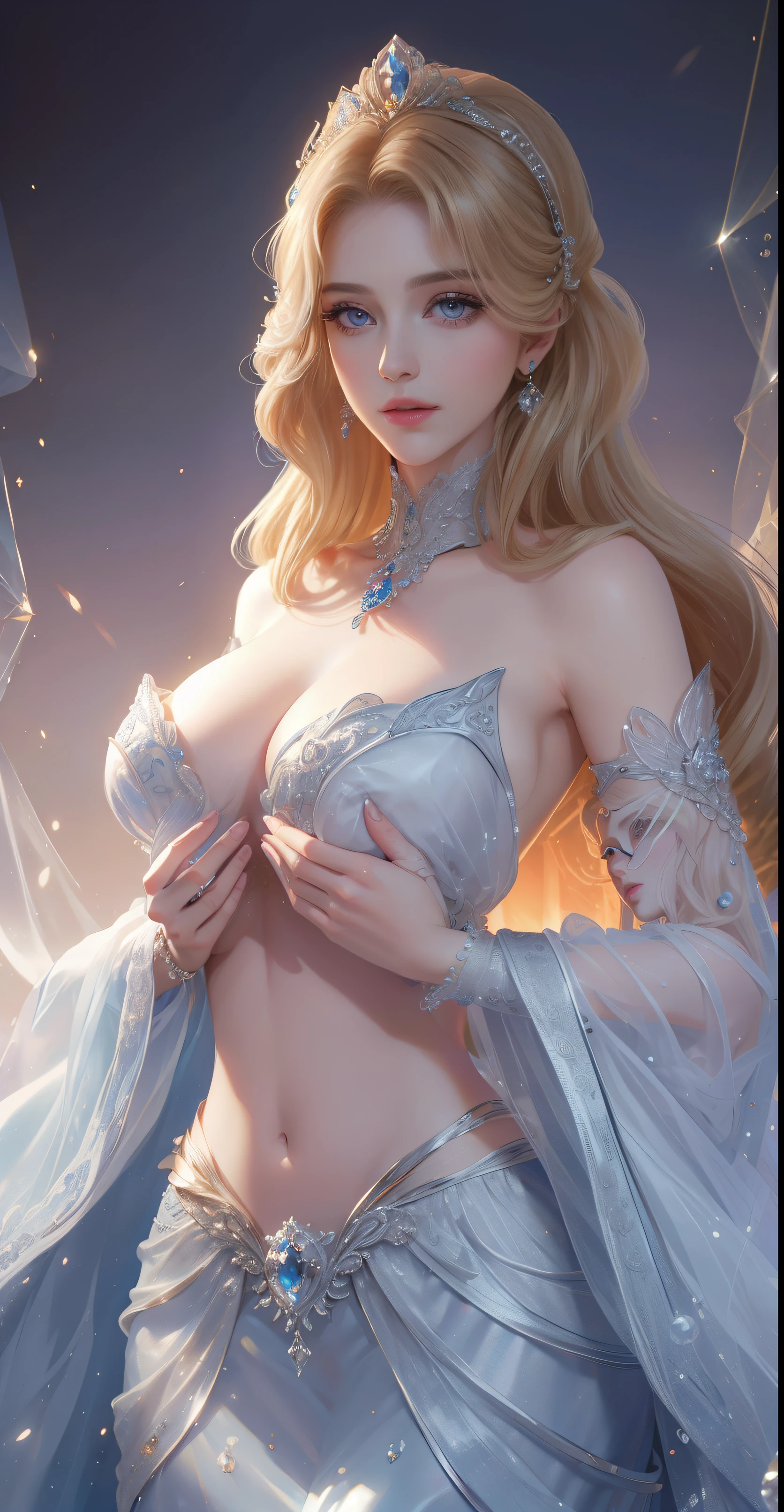 tmasterpiece，Highest image quality，Beautiful bust of a royal lady，Delicate blonde hairstyle，The silver eyes are clear，Embellished with a dazzling array of intricate jewelry，super detailing，upscaled。upper body, super colossal breast, rounded breast, small waist, super slim body, 