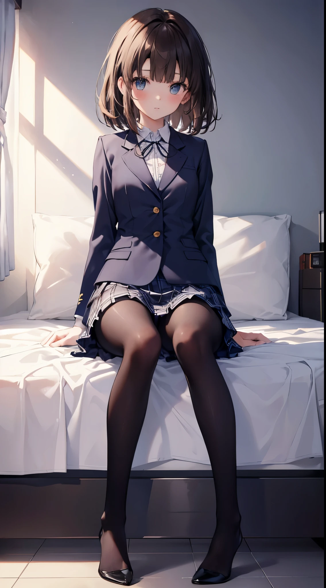 finest, masterpiece, High resolution, (Full body view from head to toe), Composition from slightly below the front, Symmetrical, 18 years old, slim and beautiful girl, alone, (small breasts), (not wearing shoes),Unkempt brown hair, bangs, (black tights), (black pantyhose), (Pose with legs spread on the bed), tied up with both arms hidden behind the back, (Composition showing white panties), (her legs spread、I can see white panties.), blush, shy big eyes, looking at camera, blazer uniform, plaid pleated skirt