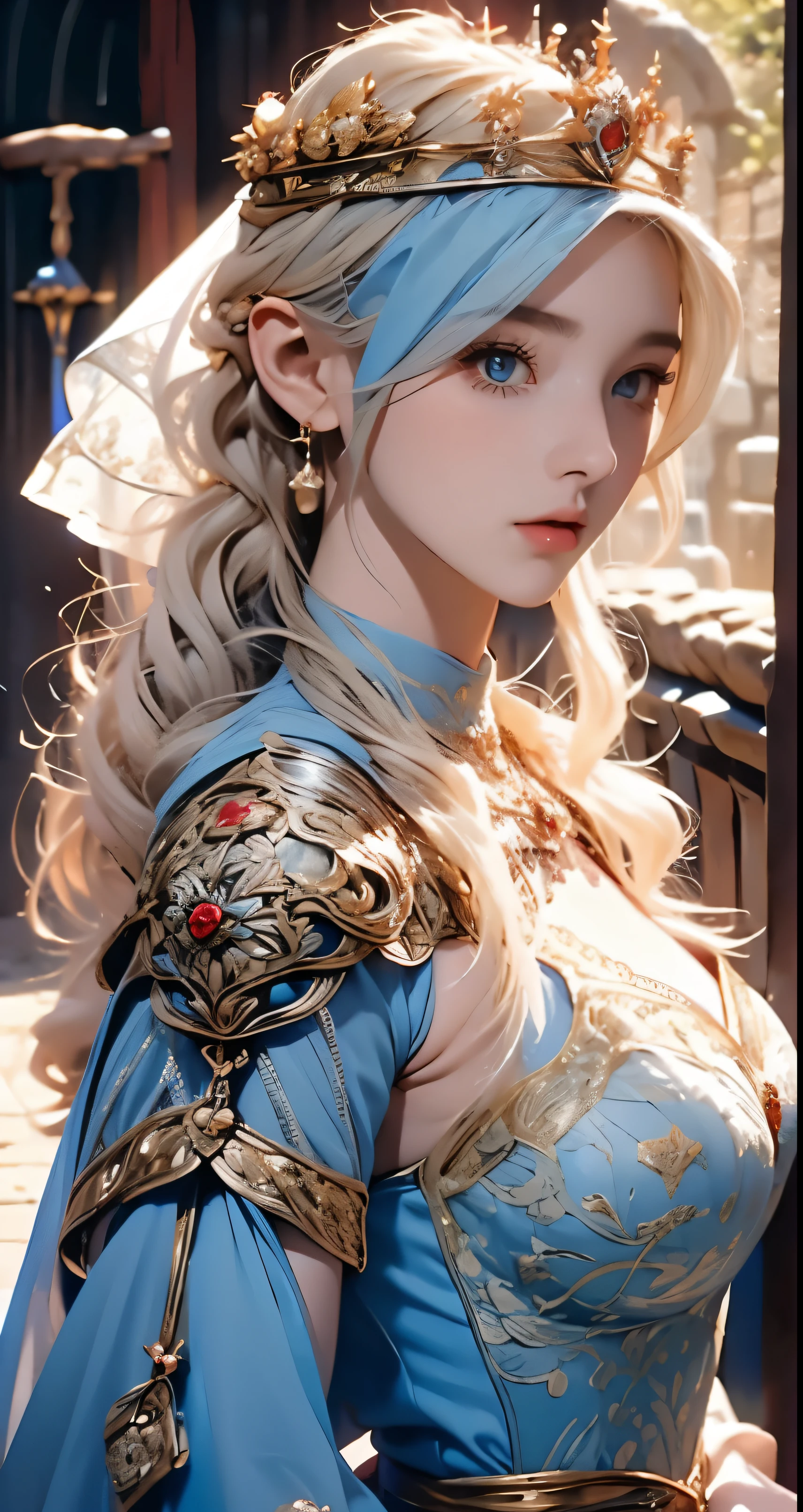 Erect nipples, wearing a hijab , luxury hijab,crown luxury , blue eye, blond hair, around 17 years old, (gold ), tmasterpiece，Best quality at best，A high resolution，8K，((Portrait))，(upper body)，Original photo，real photograph，digital photography，(Female princess in the medieval fantasy style), sexy princess ，blue eye， super colossal breast, round colossal breast ，open kissing lips，Keep your mouth shuegant and charming，((Blushing))，virgin contempt，Calm and handsome，(Medieval fantasy dress，The Beautiful super huge round breast, small waist, perfect colossal breast of princess body, a blue delicate pattern，silver Cloak)，(princes medieval character medieval fantasy style，oc render reflection texture, fighting style,  sexy colossal breast , medieval castle background, slim body, very small waist, 
