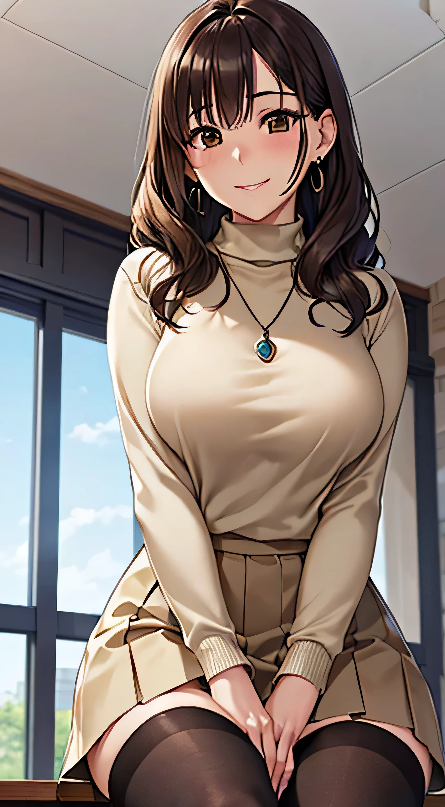 (Tabletop, highest quality, High resolution, , Perfect Pixel, 4K,), 1 girl, single, alone, Beautiful woman、I could see the whole body、 ((Wavy mid-length hair, bangs, brown hair)), ((Brown eyes, Beautiful eyelashes, Realistic eyes)), ((Detailed face, blush:1.2)), ((Smooth texture:0.75, Realistic texture:0.65, Realistic:1.1, Anime CG Style)), Medium chest, Dynamic Angle, Perfect body, ((, female teacher, , Earrings、necklace、Beige Turtleneck Sweater、black long flared skirt、Black knee-high stockings、、A shy smile、Put your hands behind your back、leaning forward、look back)), Superior、、、evening、、(、、、Angle from below)、