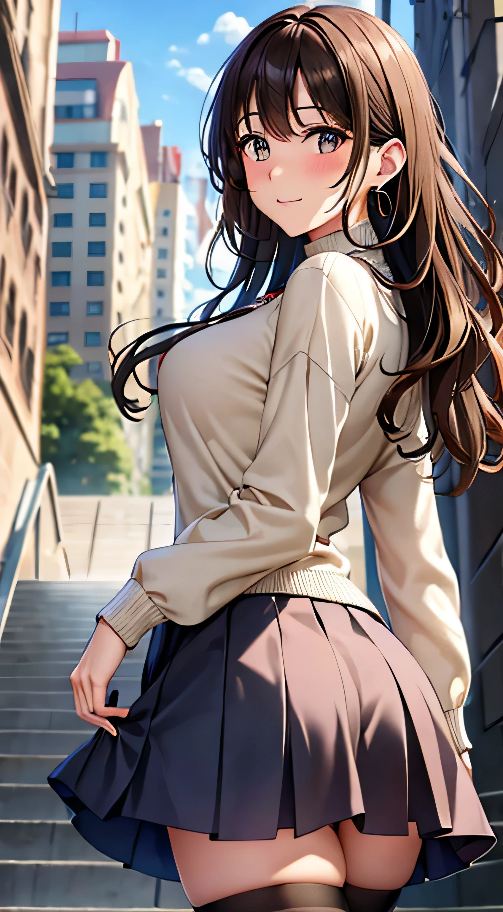 (table top, highest quality, High resolution, , perfect pixel, 4k,), 1 girl, single, alone, Beautiful woman、I could see the whole body、 ((wavy middle hair, bangs, brown hair)), ((brown eyes, beautiful eyelashes, realistic eyes)), ((detailed face, blush:1.2)), ((smooth texture:0.75, realistic texture:0.65, realistic:1.1, Anime CG style)), medium breasts, dynamic angle, perfect body, ((, female teacher, , earrings、necklace、beige turtleneck sweater、Dark blue flared skirt、black knee high stockings、school stairs、The wind flips my skirt、I can see pink pants、Panic has a shy smile))、、evening、、、(stick out your butt、look back、grab the skirt with both hands、angle from below)、