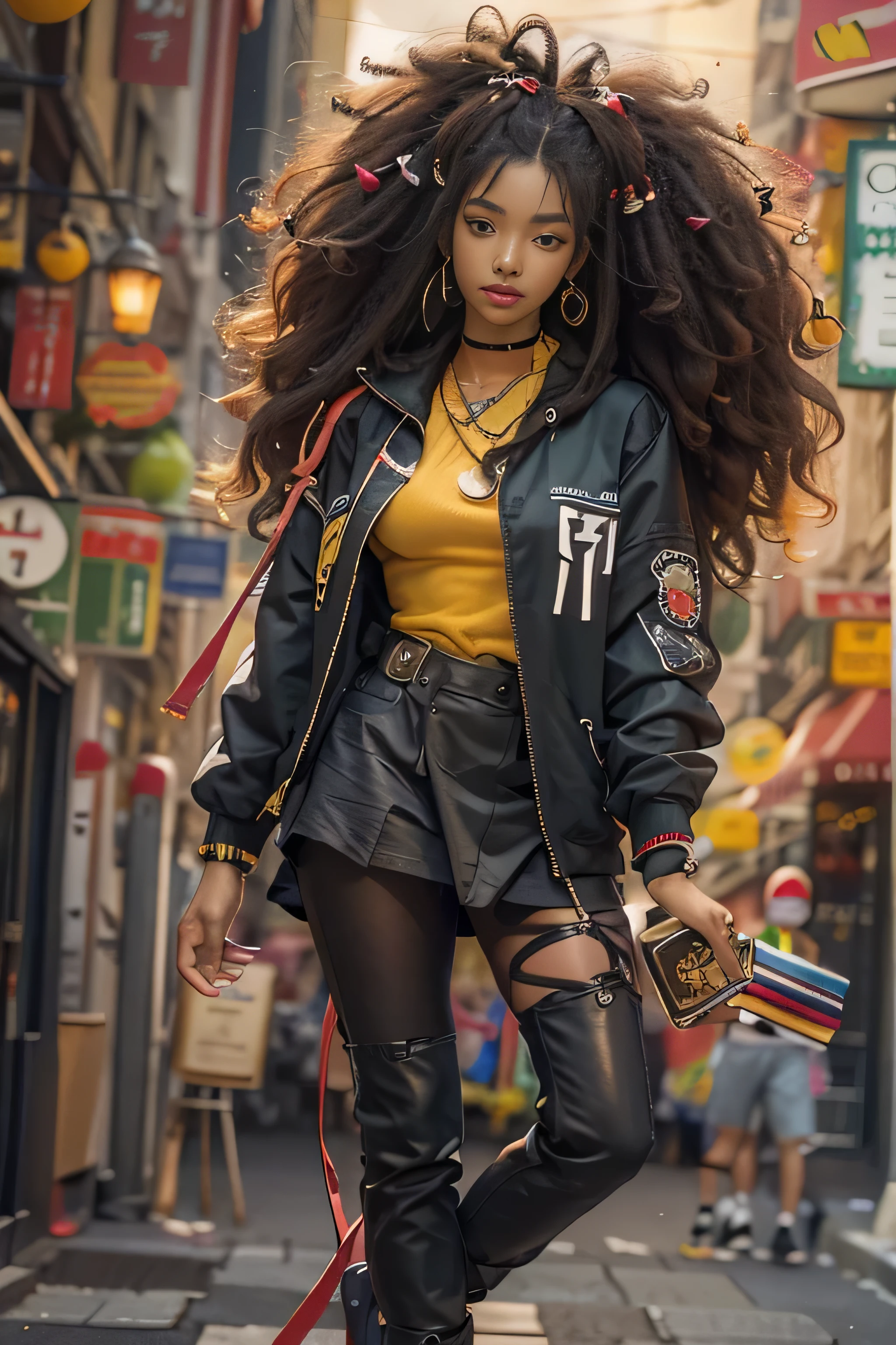 masterpiece, best quality, beautiful African and Asian mixed 17 year old, ebony skin female, long, frizzy, curly dark hair, perfect face, long hair, melanin, curly hair, street wear