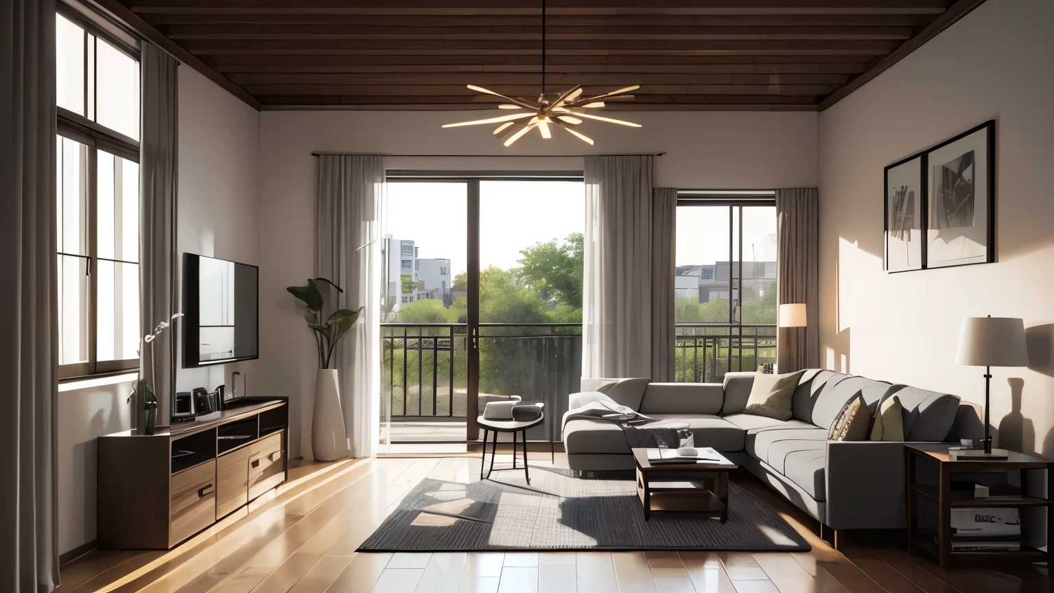 you are a famous interior designer、I was asked to create a 3D image of a large modern room.。. Create a harmonious environment with modern and minimalist furniture. Including garden interior.