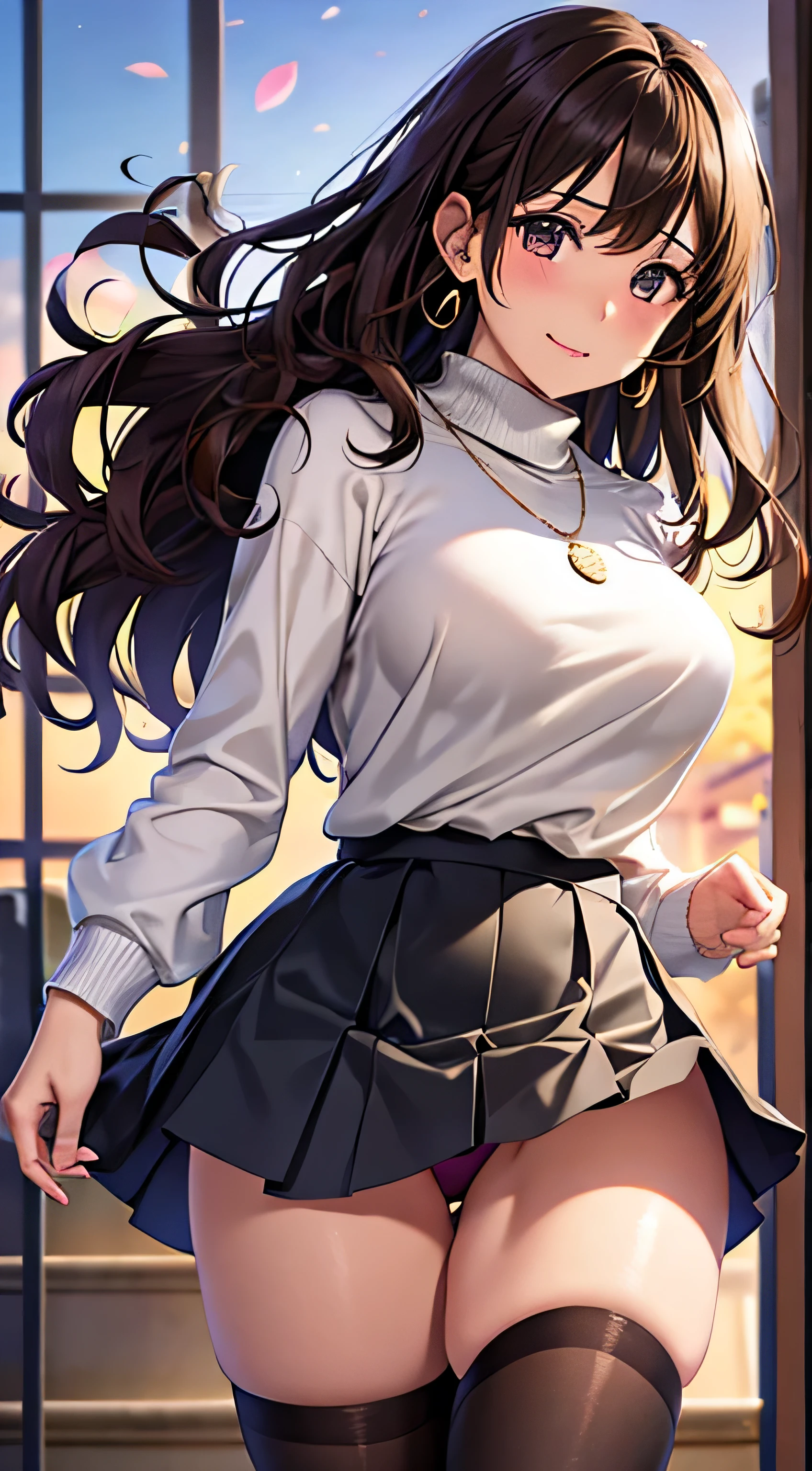 (table top, highest quality, High resolution, , perfect pixel, 4k,), 1 girl, single, alone, Beautiful woman、I could see the whole body、 ((wavy middle hair, bangs, brown hair)), ((brown eyes, beautiful eyelashes, realistic eyes)), ((detailed face, blush:1.2)), ((smooth texture:0.75, realistic texture:0.65, realistic:1.1, Anime CG style)), medium breasts, dynamic angle, perfect body, ((, female teacher, , earrings、necklace、beige turtleneck sweater、Dark blue flared skirt、black knee high stockings、school stairs、The wind flips my skirt、I can see pink pants、shy smile)), upper grade、、、evening、classroom、、、(、look back、angle from below)、