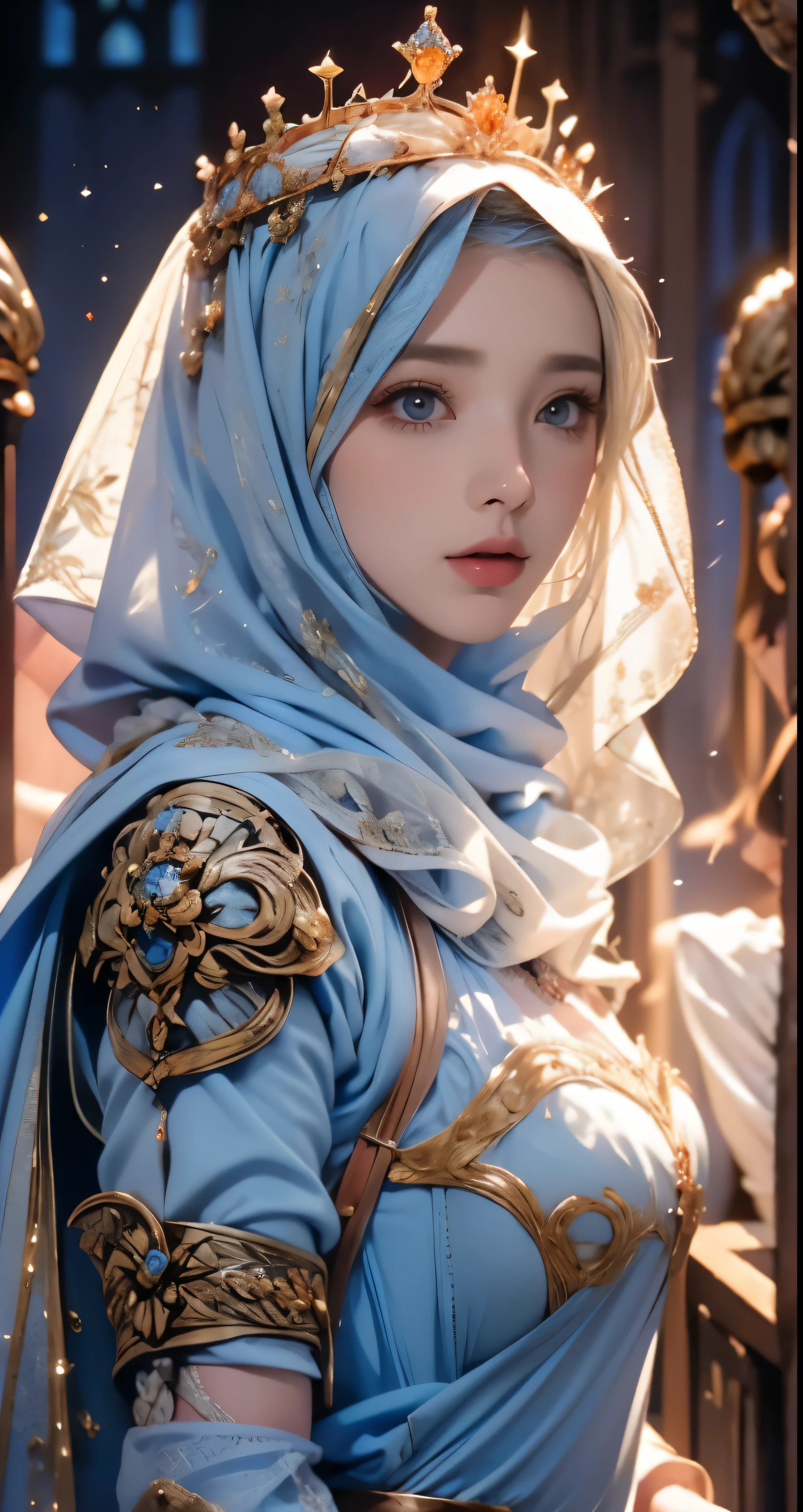 Erect nipples, wearing a hijab , luxury hijab,crown luxury , blue eye, blond hair, around , (gold ), tmasterpiece,Best quality at best,A high resolution,8K,((Portrait)),(upper body),Original photo,real photograph,digital photography,(Female princess in the medieval fantasy style), sexy princess ,blue eye, super colossal breast, round colossal breast ,open kissing lips,Keep your mouth shuegant and charming,((Blushing)),virgin contempt,Calm and handsome,(Medieval fantasy dress,The Beautiful super huge round breast, small waist, perfect colossal breast of princess body, a blue delicate pattern,silver Cloak),(princes medieval character medieval fantasy style,oc render reflection texture, fighting style, sexy colossal breast , medieval castle background, slim body, very small waist,