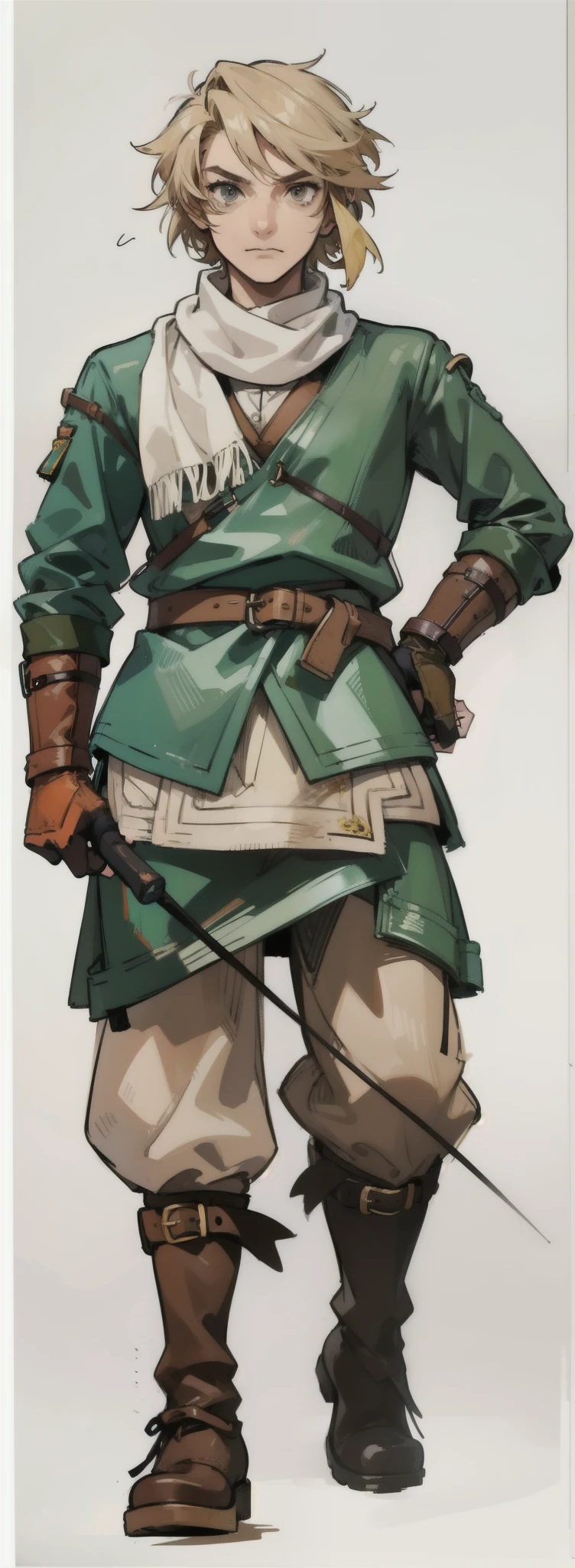 (Link:1)(Warrior:1), (adult man:1.33), standing, full body, leather combat boots, beige pants, gloves , (narrow eyebrows:0.33), (confident:1.4), (smiling:0.4), (clenching fists:0.33), scarf, holding riding crop,male,confident,strong,tall, from_below, dominant,bdsm,evil,staring