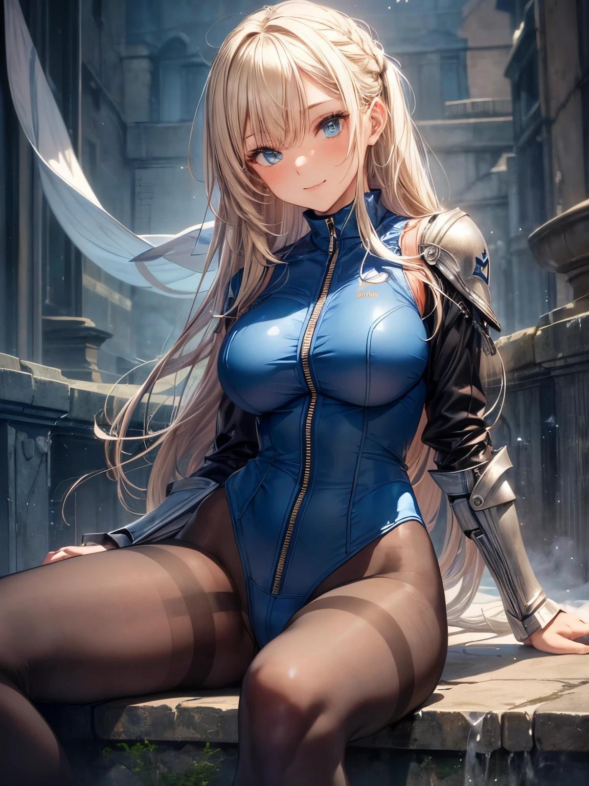 highest quality、complete limbs、1 beautiful woman、beautiful big breasted woman:1.3、female knight、(blonde hair woman:1.3)、(A woman wearing a light blue high neck leotard with a zipper:1.3)、(woman wearing brown pantyhose:1.3)、A woman equipped with full armor、big smile、sexy pose、castle town、squirt、sit with your legs apart