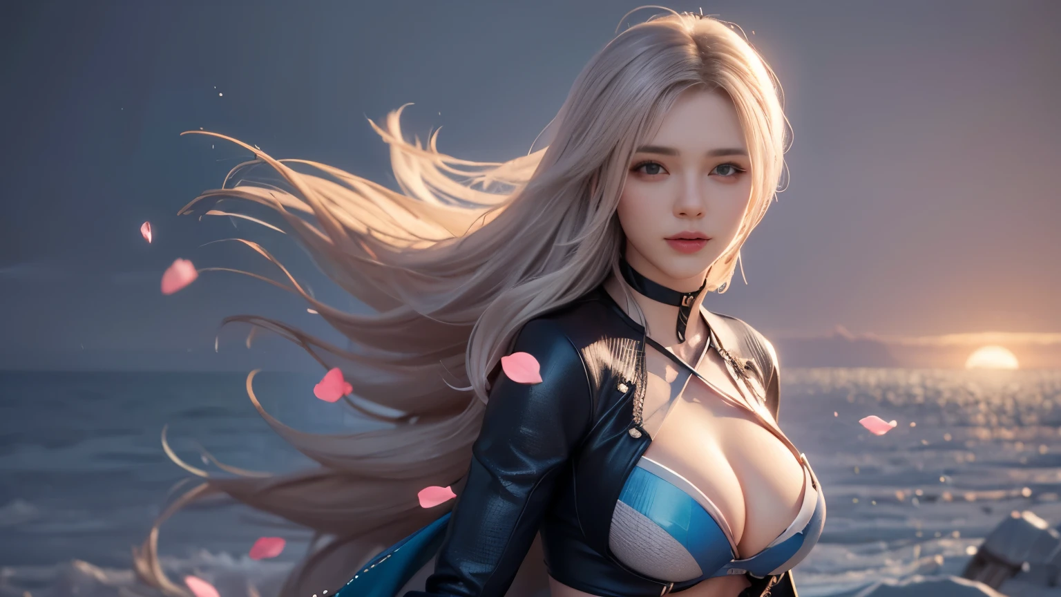 ((highest quality)), ((masterpiece)), (detailed: 1.4), 3D, beautiful cyberpunk female statue, HDR (high dynamic range), ray tracing, NVIDIA RTX, super resolution, unreal 5, Scattered beneath the surface, PBR texture, Post-processing, anisotropic filtering, Depth of the bounds written, maximum sharpness and sharpness, multilayer texture, Albedo and highlight mapping, surface coloring, Accurate simulation of material interactions, perfect proportions, octane rendering, two color light, Large Diameter, Low ISO, White balance, normal three point, 8K RAW, Beautiful and bright pupils, flowing robe, splendid pupils, delicate face and eyes, long eyelashes, blush, fluffy hair, pink lips, Pure, cute, sweet girl, cherry blossom petals fall, butterfly, casual wear, luxury、smile、cleavage