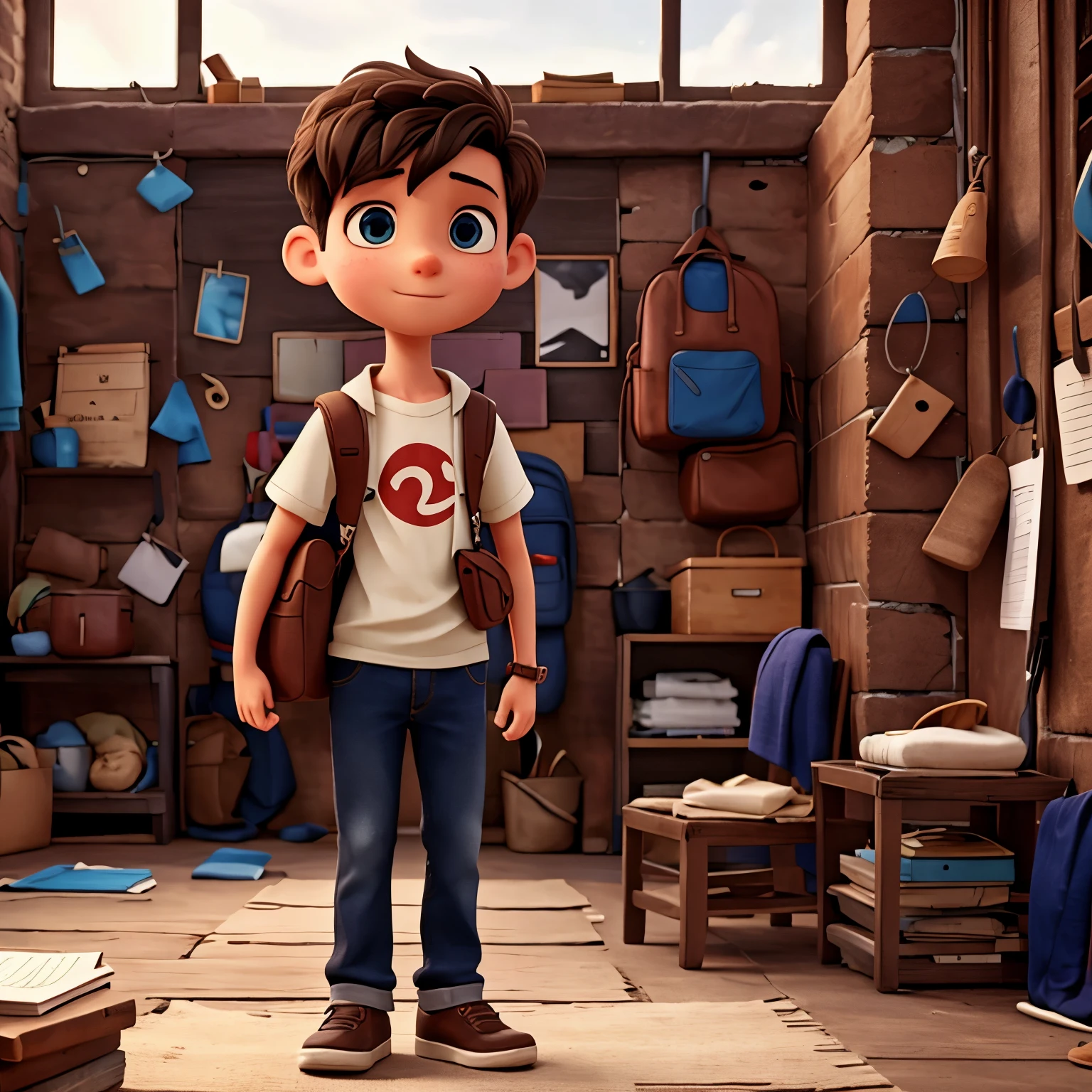 A boy with no hair, a skinny and sick body and a backpack full of various things