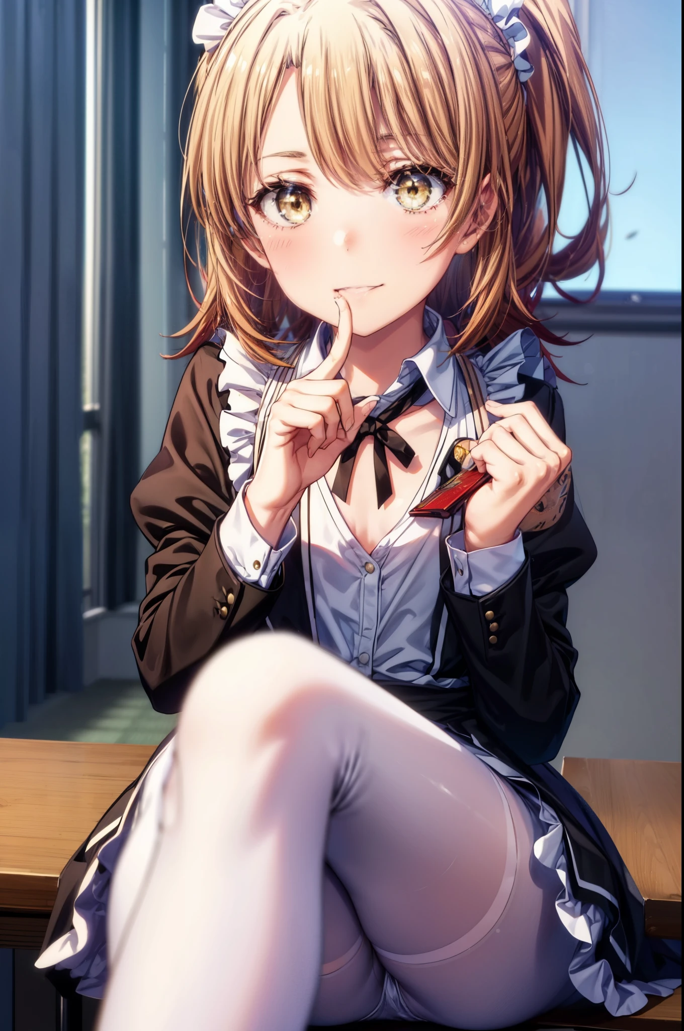 irohaisshiki, iroha isshiki, long hair, brown hair, (brown eyes:1.5), ponytail,blush,smile,Maid clothes,bare chest,medium chest,she was wearing a maid skirt, black pantyhose on her legs, narrow your eyes,put your index finger on your chin,sit with one's feet on the desk,sexy pose,
break indoors, room,
break looking at viewer,
break (masterpiece:1.2), highest quality, High resolution, unity 8k wallpaper, (figure:0.8), (detailed and beautiful eyes:1.6), highly detailed face, perfect lighting, Very detailed CG, (perfect hands, perfect anatomy),