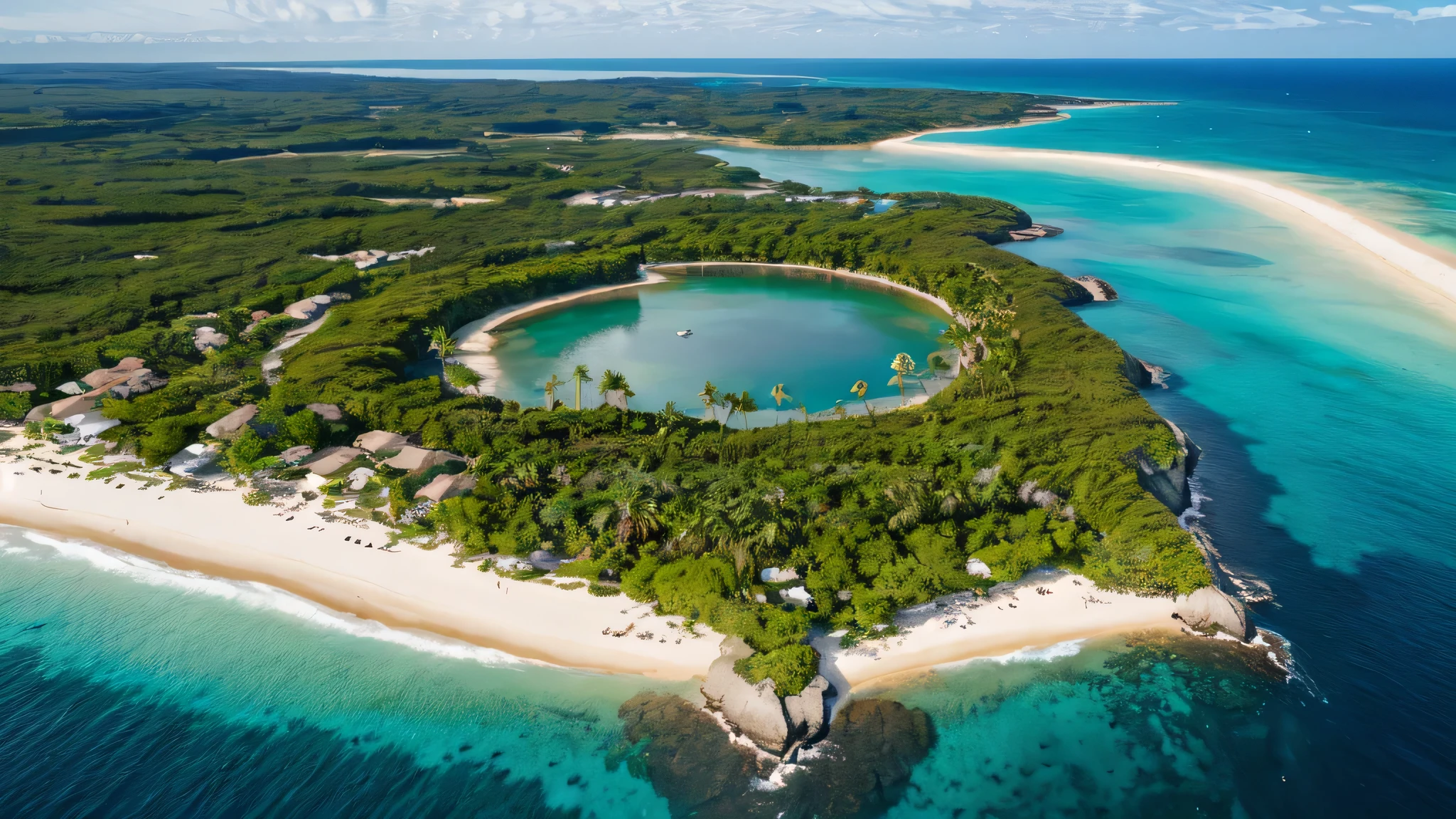 Imagine a spectacular aerial view captured by a drone, révélant des îles isolées dispersées dans un océan d'un bleu profond. Every island is a tropical Eden, avec du sable fin encerclant leurs contours comme des auréoles dorées, contrastant magnifiquement avec l'azur de l'eau environnante. These islands are crowned with dense palm trees, whose green leaves add a richness of color and lively texture to the scene, evoking an oasis of tranquility and'isolement parfait.
Il est environ 17 heures, et le soleil, approchant de l'horizon, baigne le paysage d'une lumière dorée et douce. This end light'afternoon accentuates the serene beauty of the islands, with the elongated shadows of the palm trees adding depth and dynamism to the view. Le contraste entre les zones ensoleillées et les ombres crée une dimension supplémentaire, showcasing the unique topography of each island.
L'atmosphère est claire, permettant une visibilité parfaite des détails à couper le souffle des îles, depuis les ondulations du sable jusqu'aux vagues délicates frangeant les rivages. La vue d'ensemble offre une perspective unique sur la disposition naturelle et la beauté isolée de ces îles, invitant à la contemplation et à l'évasion.
This image is designed to capture the'essence de la découverte et de l'wonder, representing the majesty and tranquility of the island landscapes seen from'en haut. Les éléments naturels - l'eau, le sable, les palmiers, et la lumière du soleil de fin d'aprèidi - s'unissent harmonieusement pour créer une scène à la fois paisible et inspirante, symbolisant la beauté intacte et sauvage de la nature.
