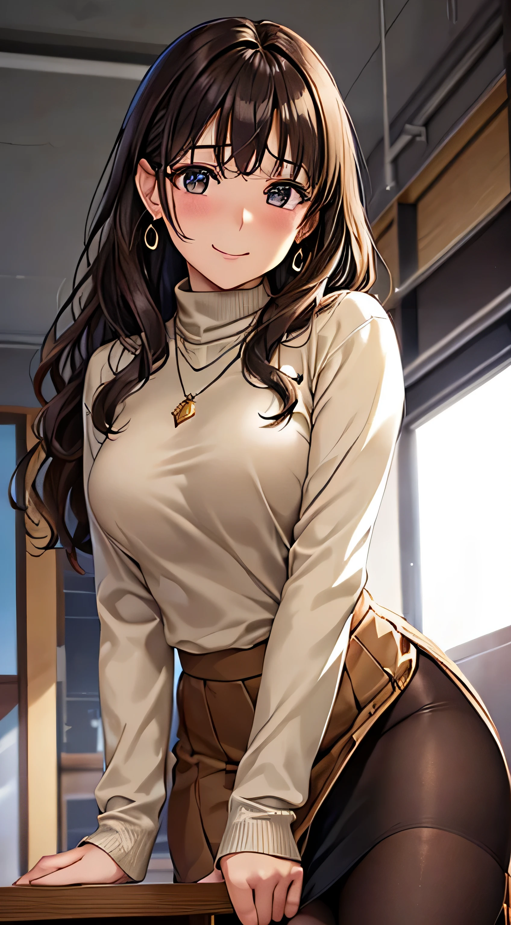 (table top, highest quality, High resolution, , perfect pixel, 4k,), 1 girl, single, alone, Beautiful woman、I could see the whole body、 ((Wavy mid-hair, bangs, brown hair)), ((brown eyes, beautiful eyelashes, realistic eyes)), ((detailed face, blush:1.2)), ((smooth texture:0.75, realistic texture:0.65, realistic:1.1, Anime CG style)), medium breasts, dynamic angle, perfect body, ((, female teacher, , earrings、necklace、turtleneck sweater、beige flared skirt、black knee high stockings、open both legs wide、、shy smile、Sit on the floor、leaning forward)), Upper grade、、、evening、、(pink lace panties are visible、、(Bring your chest and arms together、Lift up your skirt and show your panties、The wind blows up my skirt)、angle from below)、