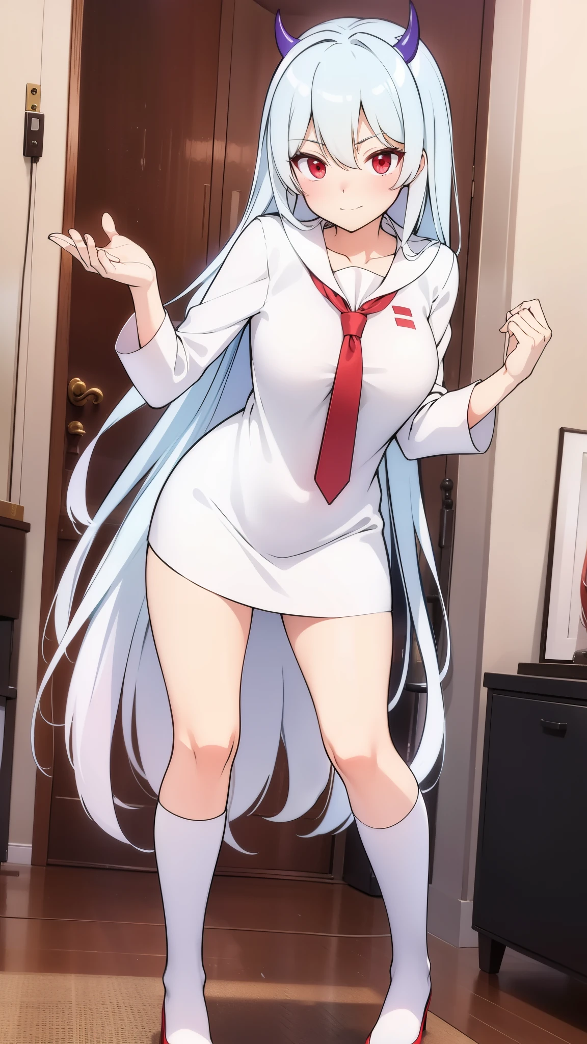 tmasterpiece，highest  quality，full body, 1girl，red  eyes，White  hair, white dress,red tie，banya，coda