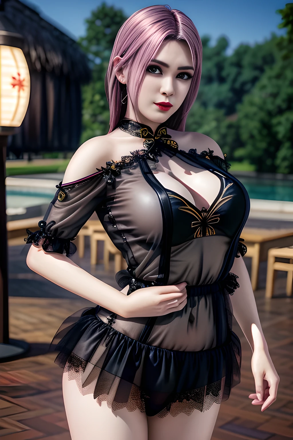 night,1 girl,Alice,(tulle cheongsam:1.4),lace, jewelry,Outdoor activities, (standing posture),grace,(((red lips))), Lips slightly open, clavicle,Lactation,(huge breasts:1.3),skin shiny,((8k, original photo, top quality, masterpiece)), HD RAW color photos professional close-up photos, (actual, photorealism: 1.37), (best quality),8k,Fabric luster,alone,